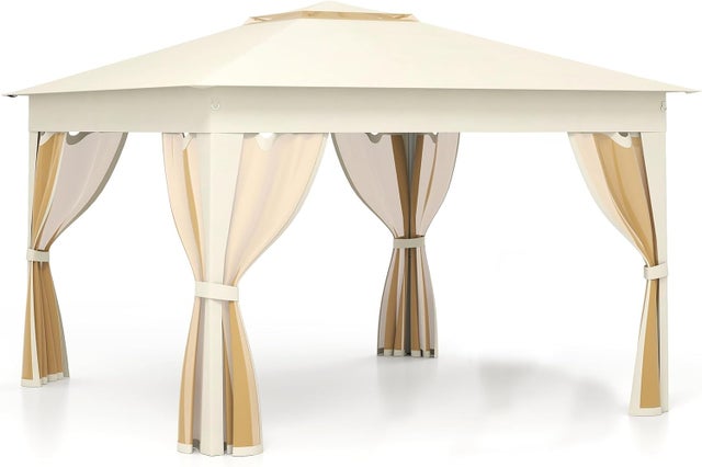 Gazebo Pieghevole per Esterni 337 x 337 CM, Tendone da Giardino con Tetto Doppio, Lati in Rete e Borsa da Trasporto, Gazebo Pabellone Emergente