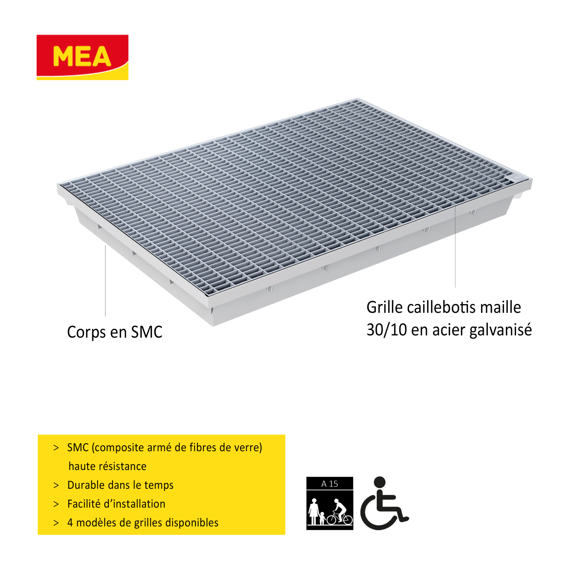Paillasson encastrable en SMC, Dimensions 60x40x8 cm, avec Grille caillebotis en Acier galvanisé Maille 30/10 MEA - 2