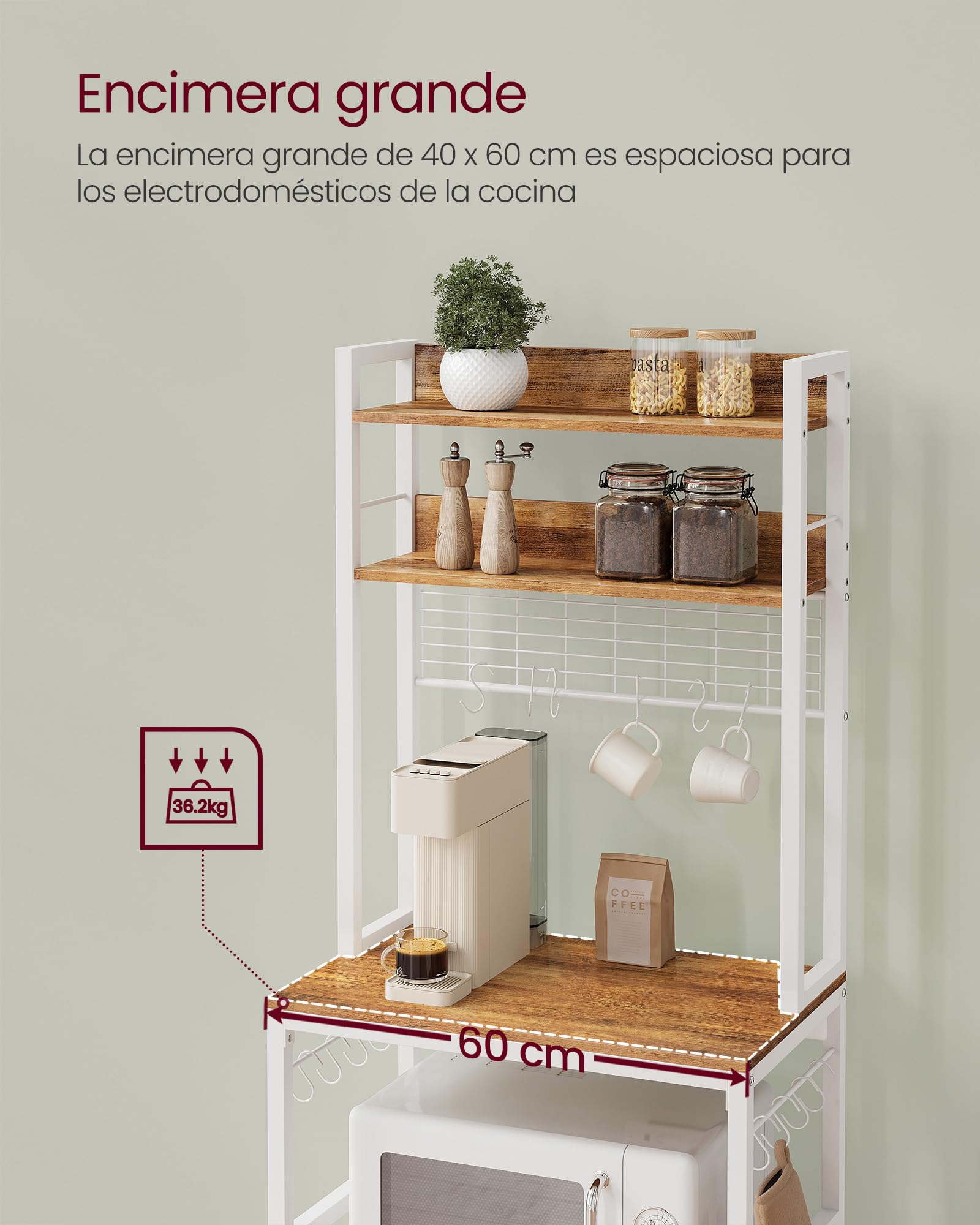 Estantería de cocina con toma de corriente y soporte para microondas - alambre de metal, 14 ganchos, 40x60x170 cm, nogal - 5