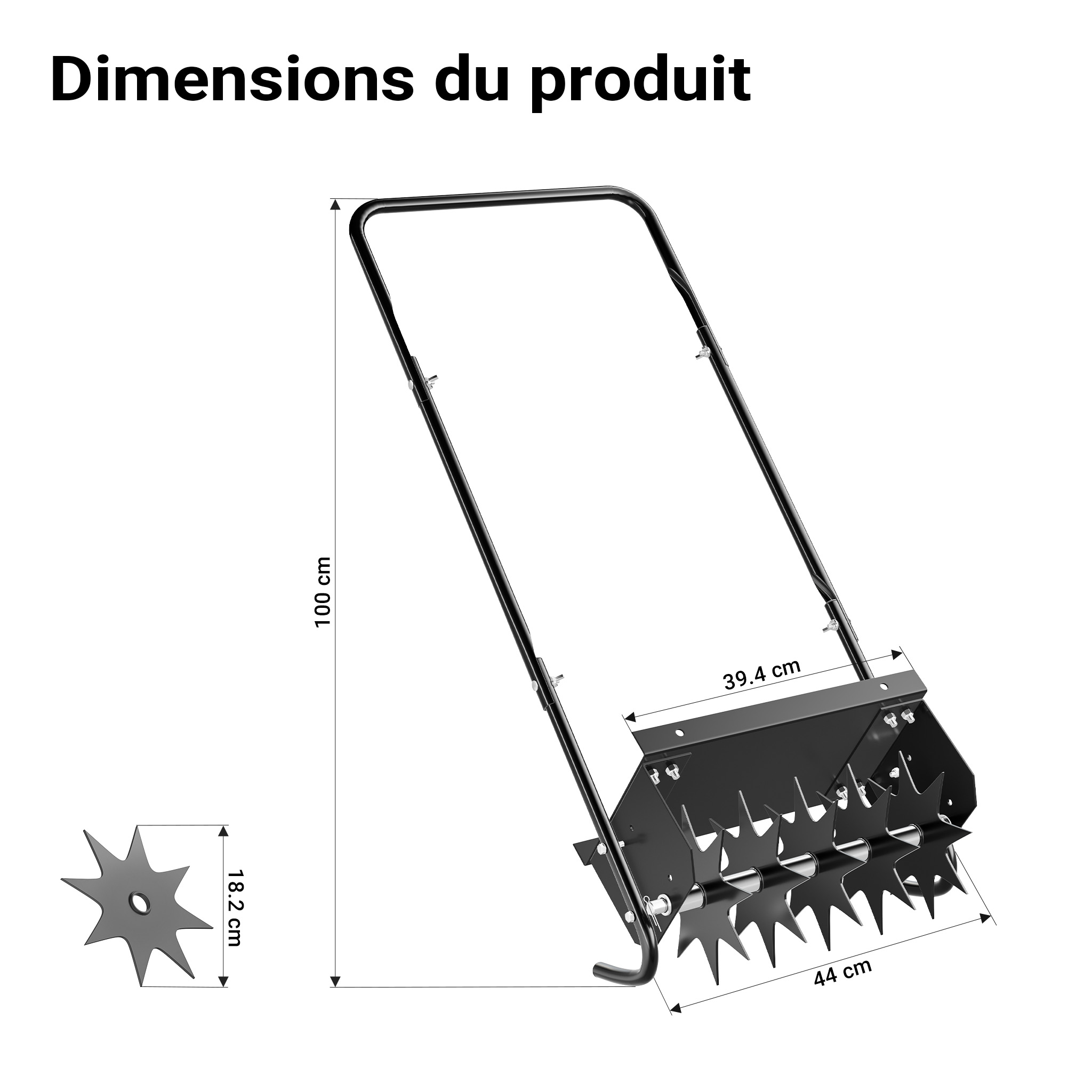 Aérateur de Gazon rotatif 5 pointes Noir Profondeur 2,5 pouces 44 x 20,3 x 100 cm 6,3 kg Lestage 15,8kg max. largeur de travail 16