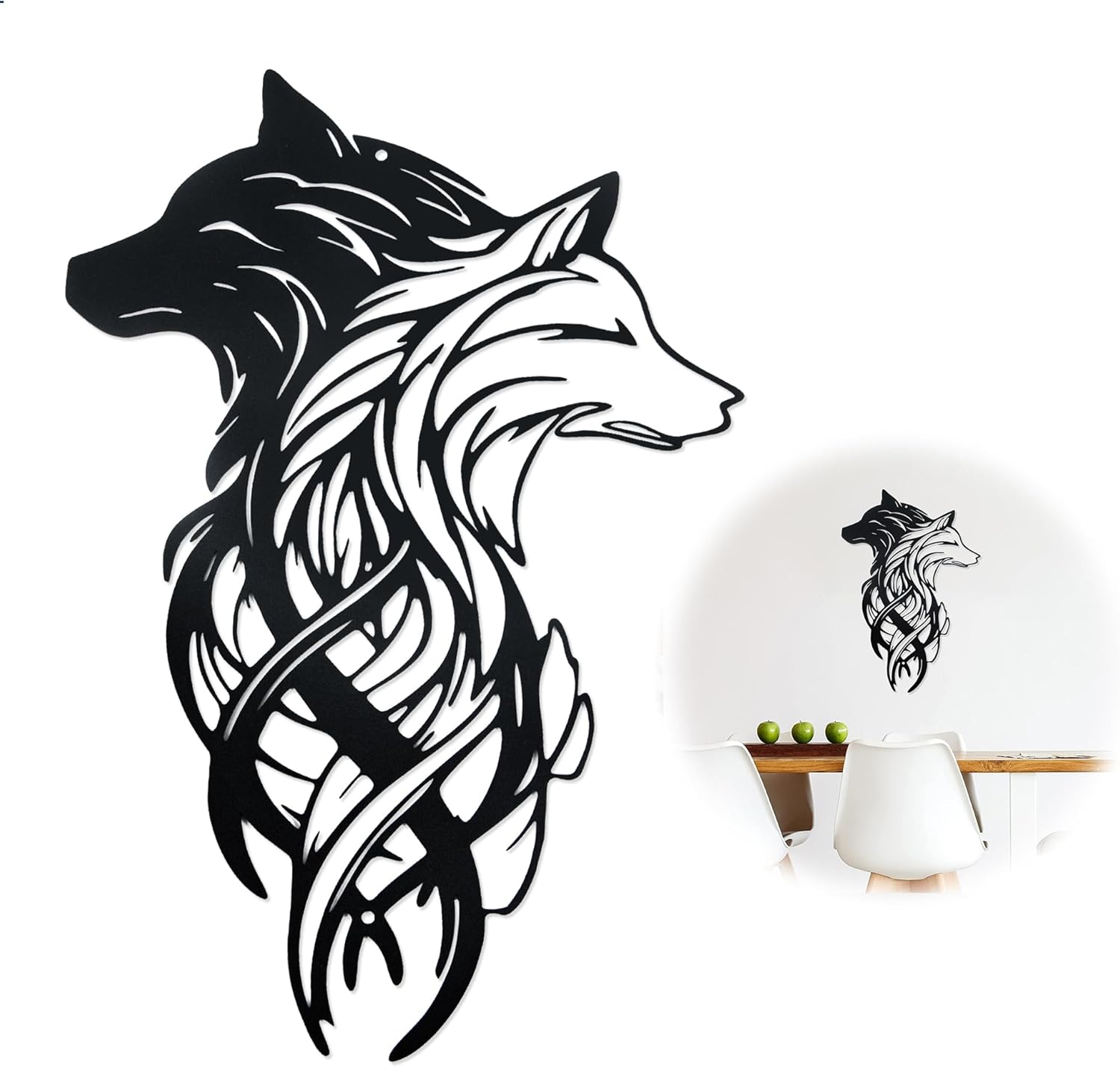 Decor de perete metalic cu cap de lup, sculptură de lup dublu alb-negru, ornament de artă de perete pentru grădină în aer liber pentru casă