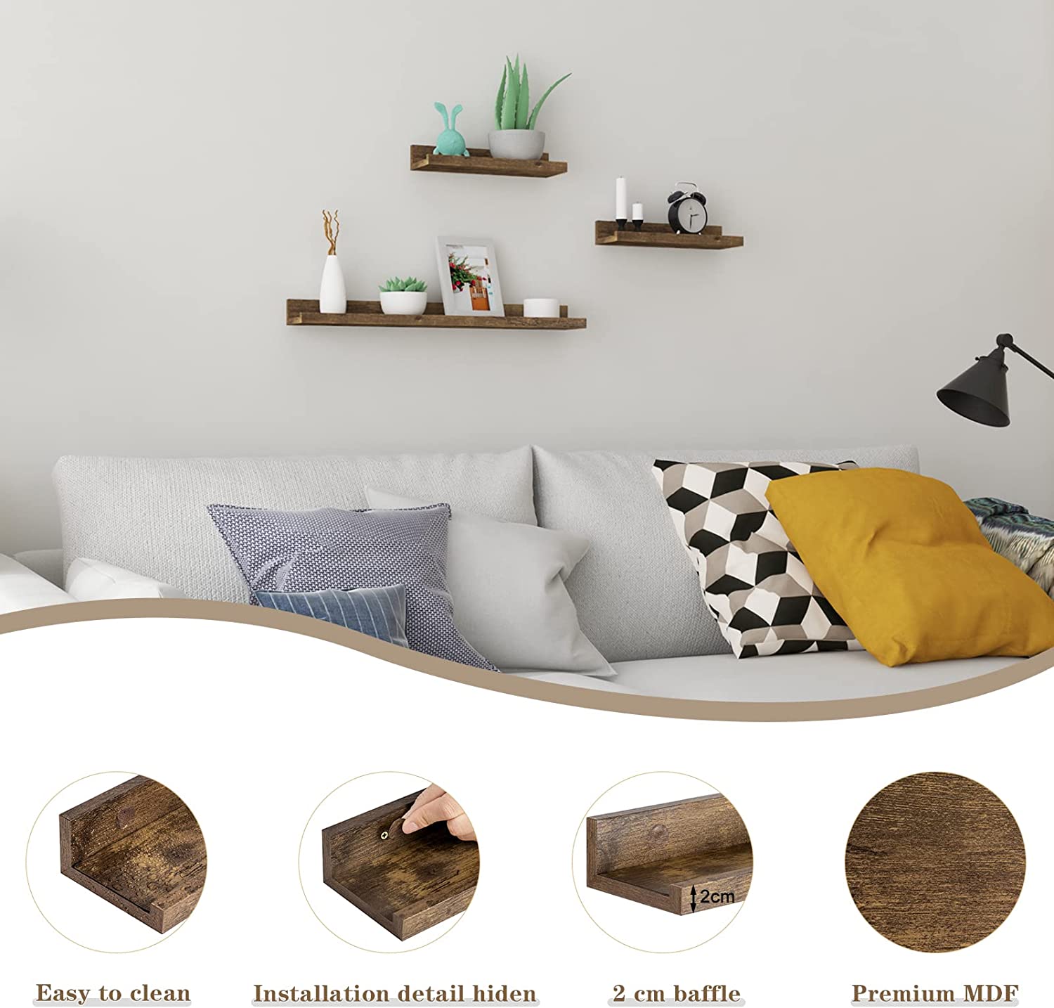 WOLTU Lot de 3 Étagère Murale，Étagère de Rangement en MDF pour Salon，Cuisine，Chambre，Bureau，marron vintage - 5
