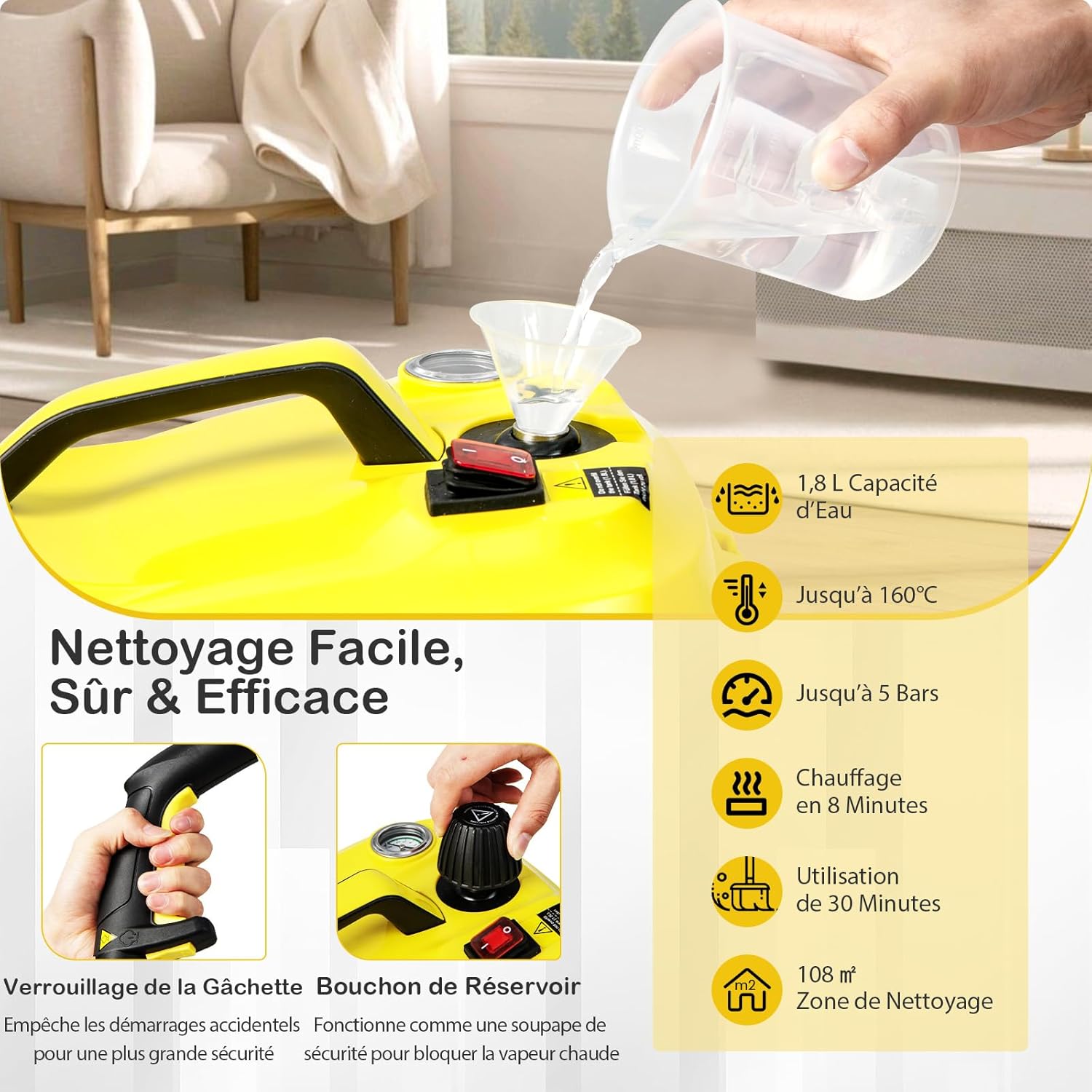 Versátil limpador a vapor de 2000 W, máquina de limpeza, limpador a vapor com reservatório de 1,8 L com 13 acessórios e manómetros, amarelo - 3