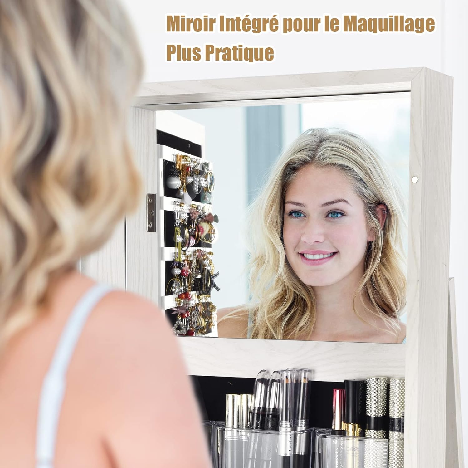 Armadietto Portagioie Girevole, 3 in 1 Portagioielli da Terra, con 3 Ripiani e Specchio a Figura Intera, 3 Scatolette di Stocaggio, 39 x 39 x 161cm - 3