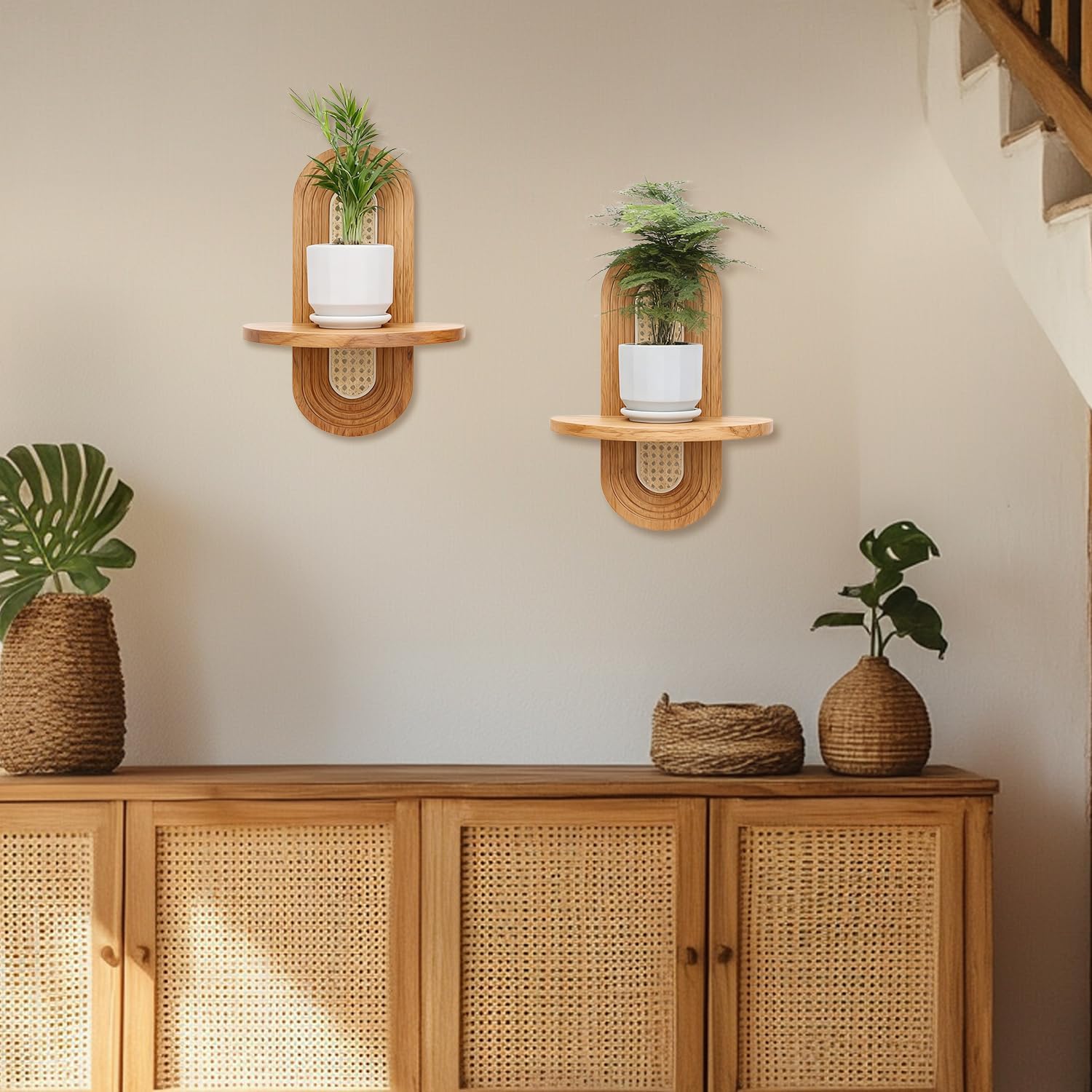 Étagères murales flottantes, ensemble de 2 étagères bohèmes en rotin, petite étagère décorative murale unique, étagères naturel pour salon，beige - 5