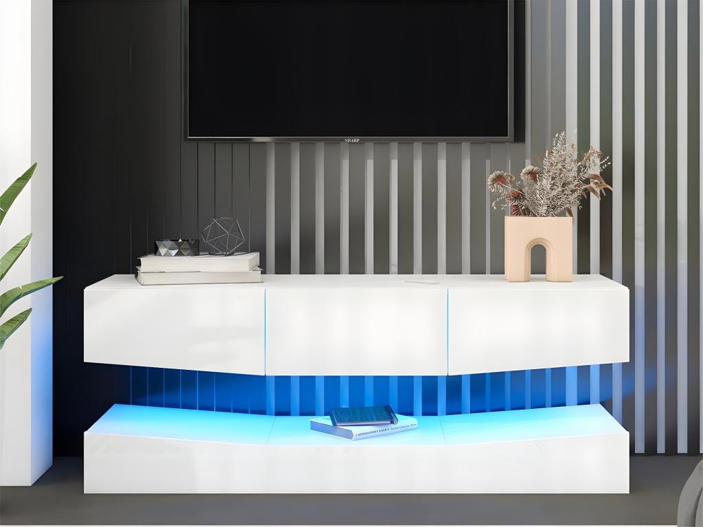 Meuble TV Suspendu 160cm - 1 Compartiment Ouvert & 2 Portes Abattantes Aspect Brillant Blanc 97454123 Meuble TV Suspendu 160cm - 1 Compartiment Ouvert & 2 Portes Abattantes Aspect Brillant Blanc 97454123