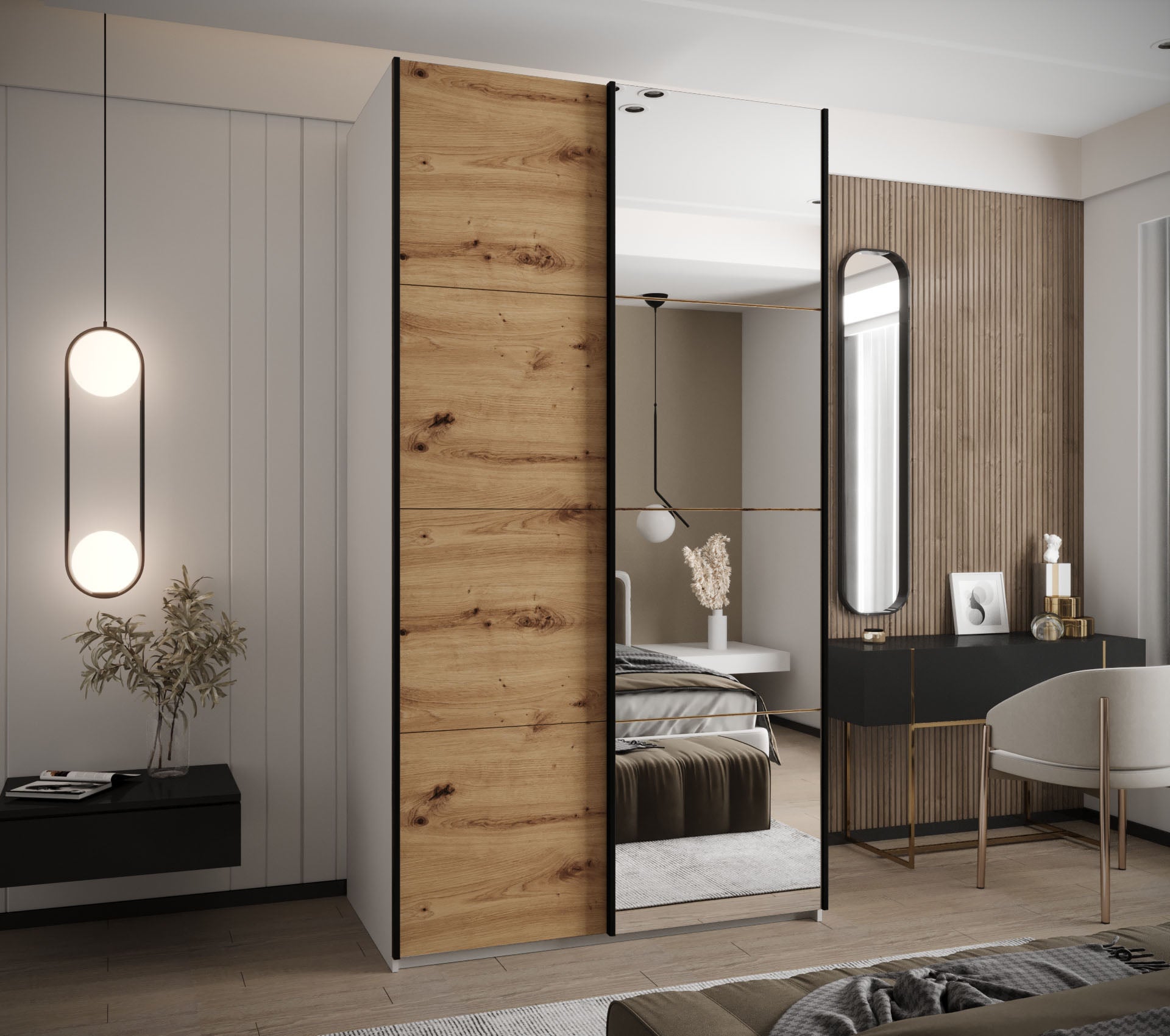Szafa przesuwna wysoka Lux 3 130 x 64 x 245,5 cm biały + artisan + u. czarny - Abiks Meble - 2