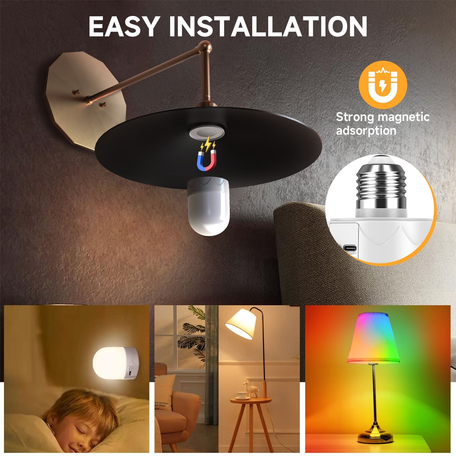 Ampoule rechargeable E27 avec télécommande, alimentée par batterie USB, couleur RVB, 12 couleurs réglables, 3 minuteries, veilleuse sans fil, 2000 mAh - 6