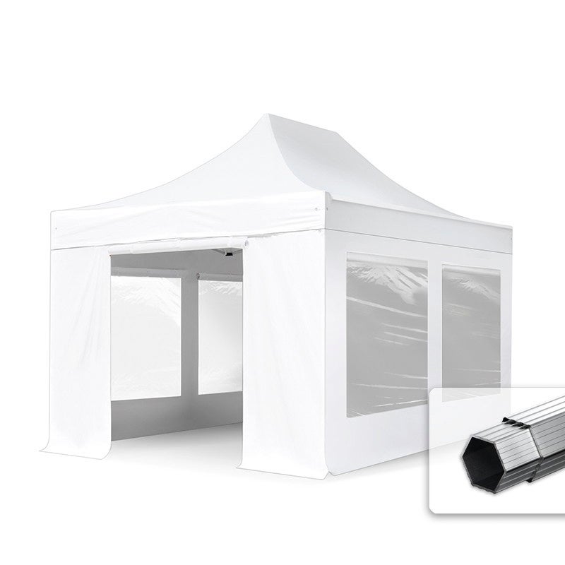 3x4,5 m Namiot Ekspresowy PROFESSIONAL Alu 40 mm, trudnopalny, ze ścianami bocznymi, okna panoramiczne , biały