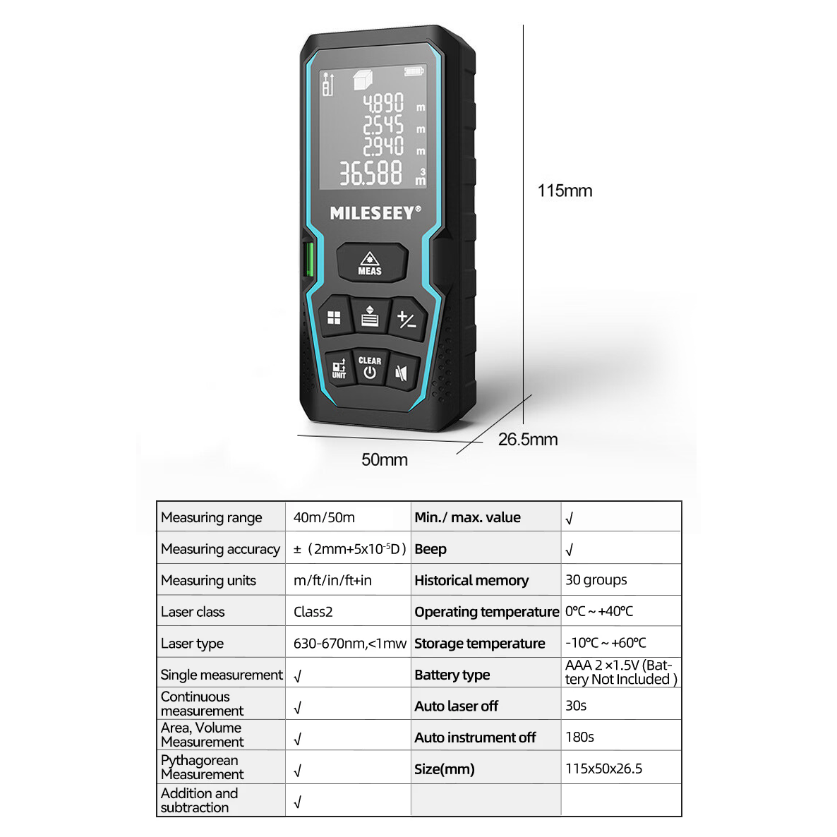 Tester laser 50M con controllo numerico dell'angolo, controllo elettronico, unità metro/poise/tubo e modalità Pitagora - 2