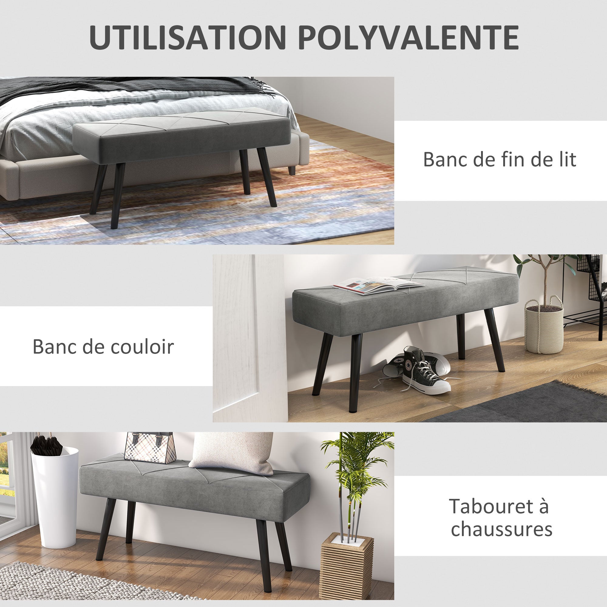 Banc bout de lit banquette banc en tissu velours cadre en acier - 100x36x45cm- gris - 8