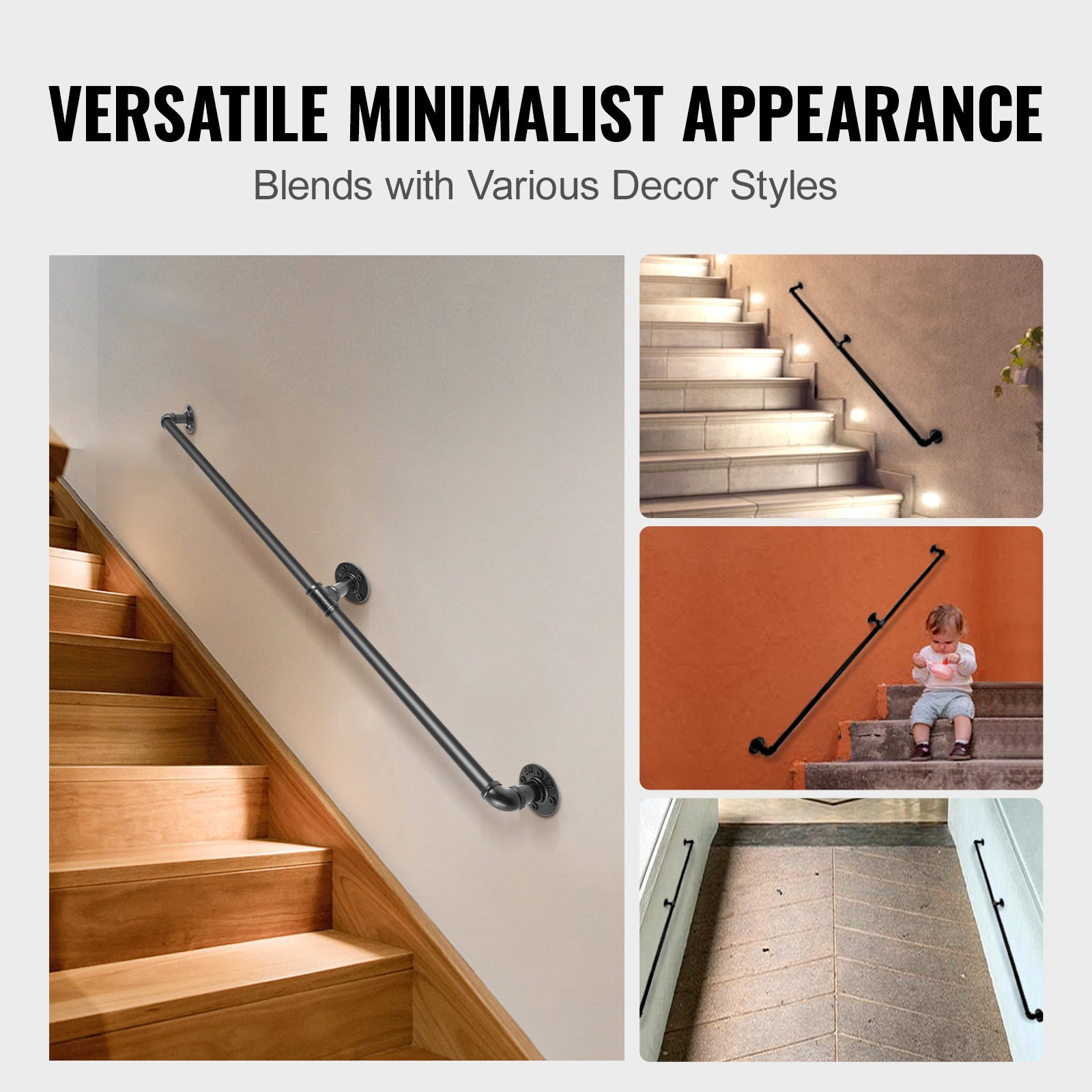 Rampe Escalier Murale VEVOR 1,8 m Main Courante Acier Carbone Garde-Corps Métal Capacité Charge 200 kg/Tube Rambarde 2 Tubes 32 mm 3 Supports Muraux - 6