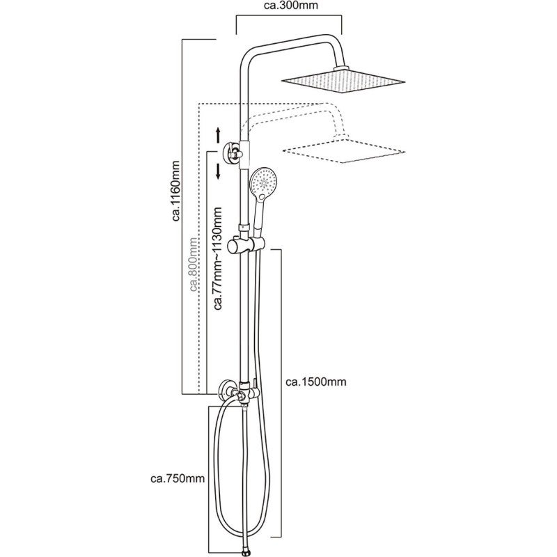 Valaz Colonne de douche carrée chromée sans robinet - 30 cm - 2