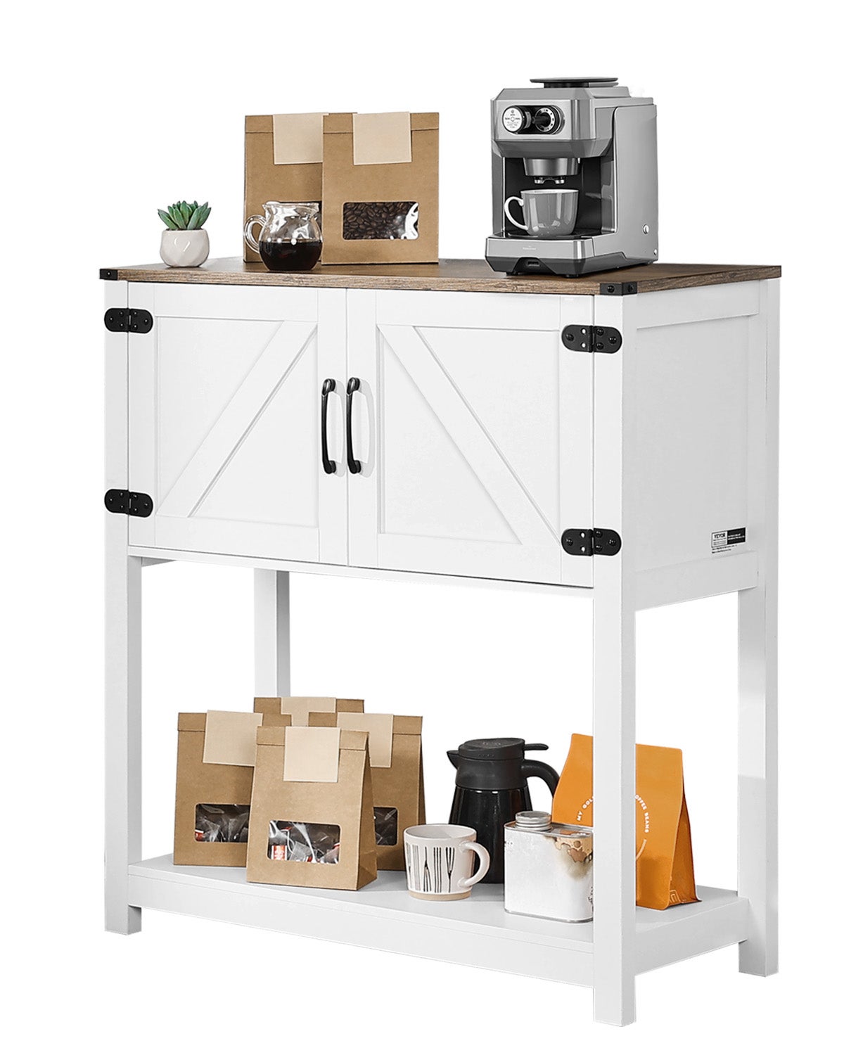 VEVOR Coffee Bar Cabinet 3-Tier Coffee Bar Table z magnetycznymi drzwiami Brązowo-Biały