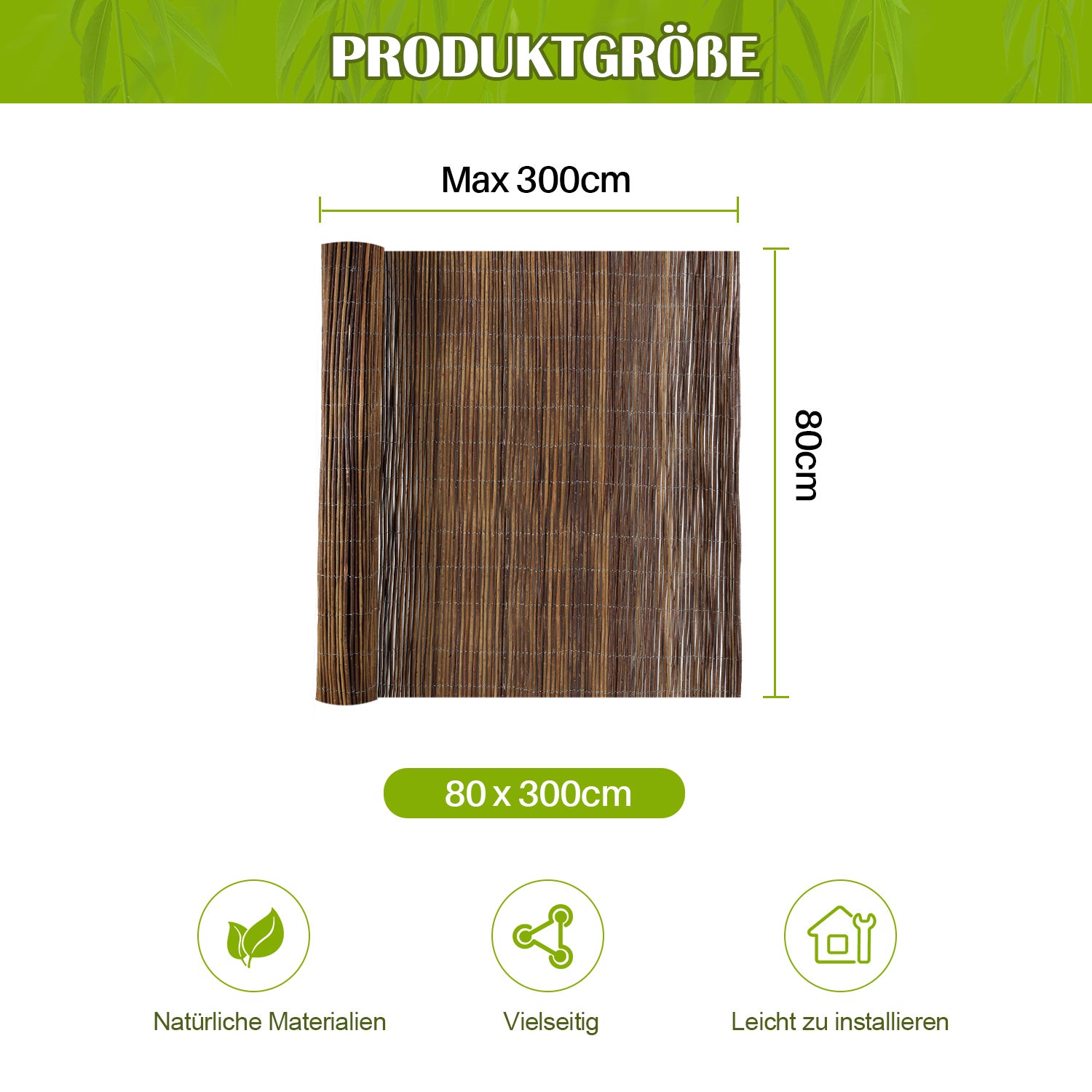 Schermo per la privacy in vimini naturale per balcone spesso 80 x 300 cm, occultamento 85%, ombreggiatura o delimitazione del giardino - 2