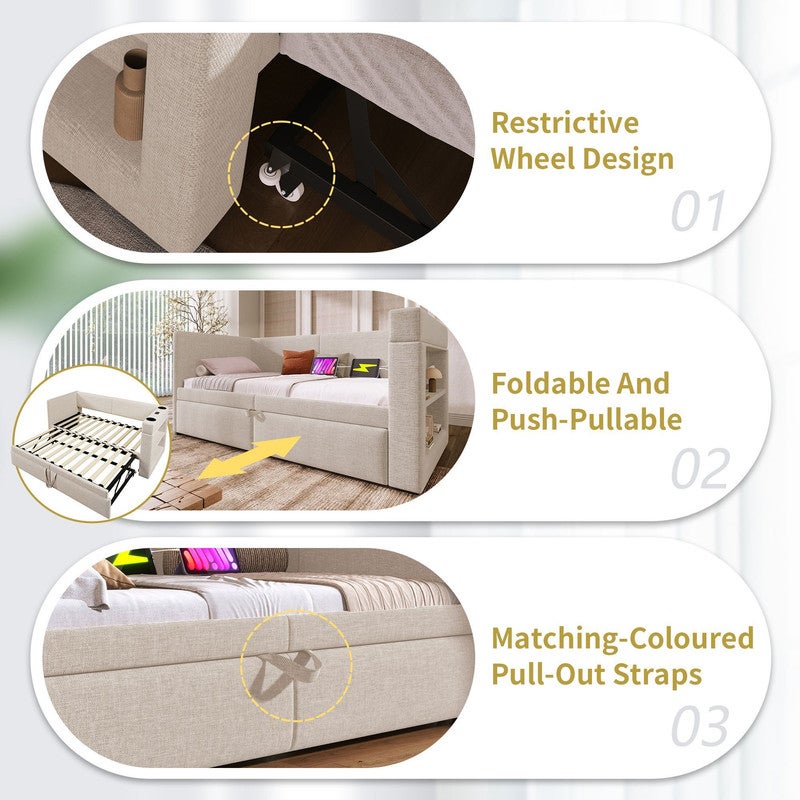 Sofá cama extensible 90x190 con cama nido 90x190,almacenamiento,puertos USB tipo C y portavasos,cama doble con somier de láminas,algodón y lino,beige - 5