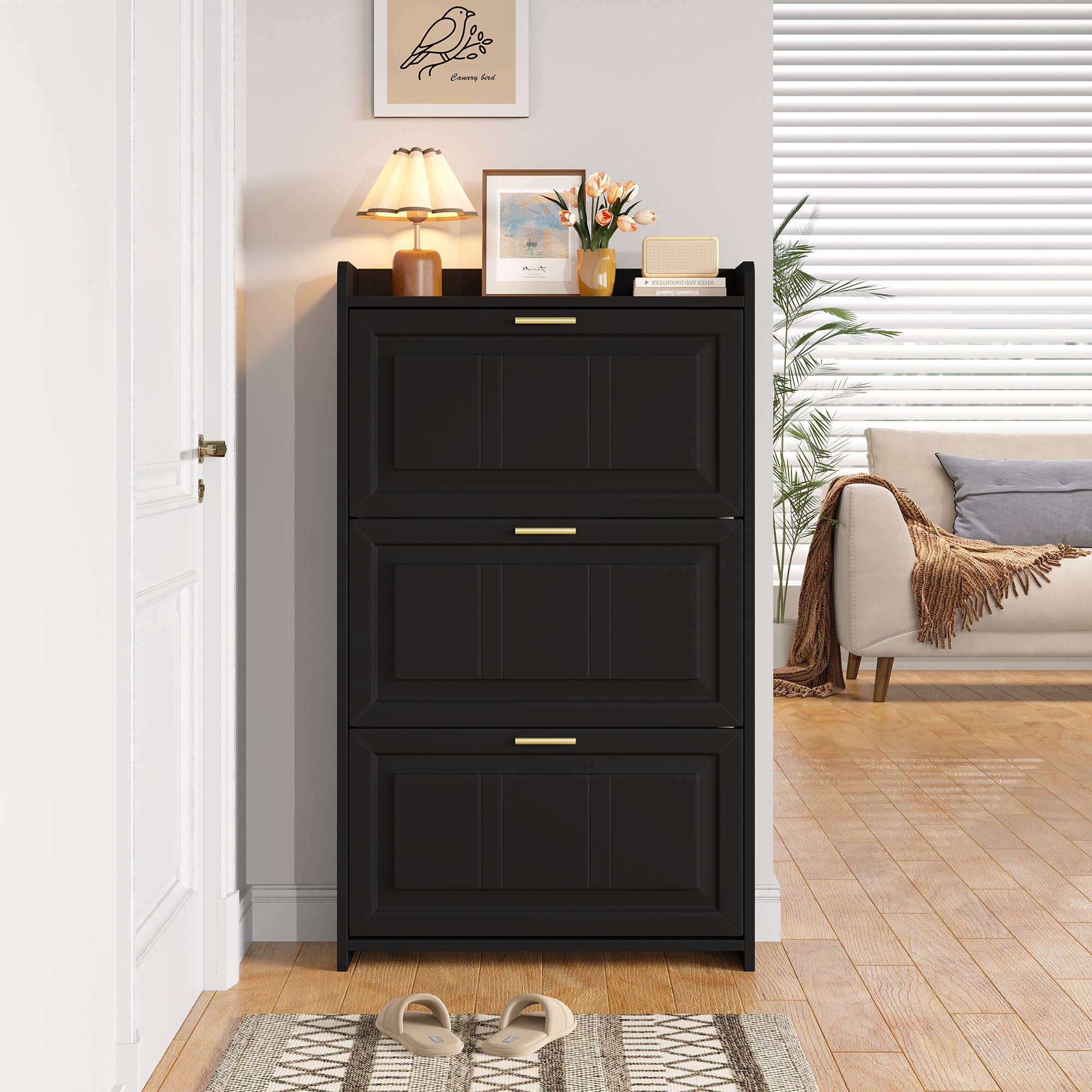 Meuble à chaussures avec 3 portes rabattables - 70 x 24 x 120 cm - MDF et panneaux de particules - Noir - 3
