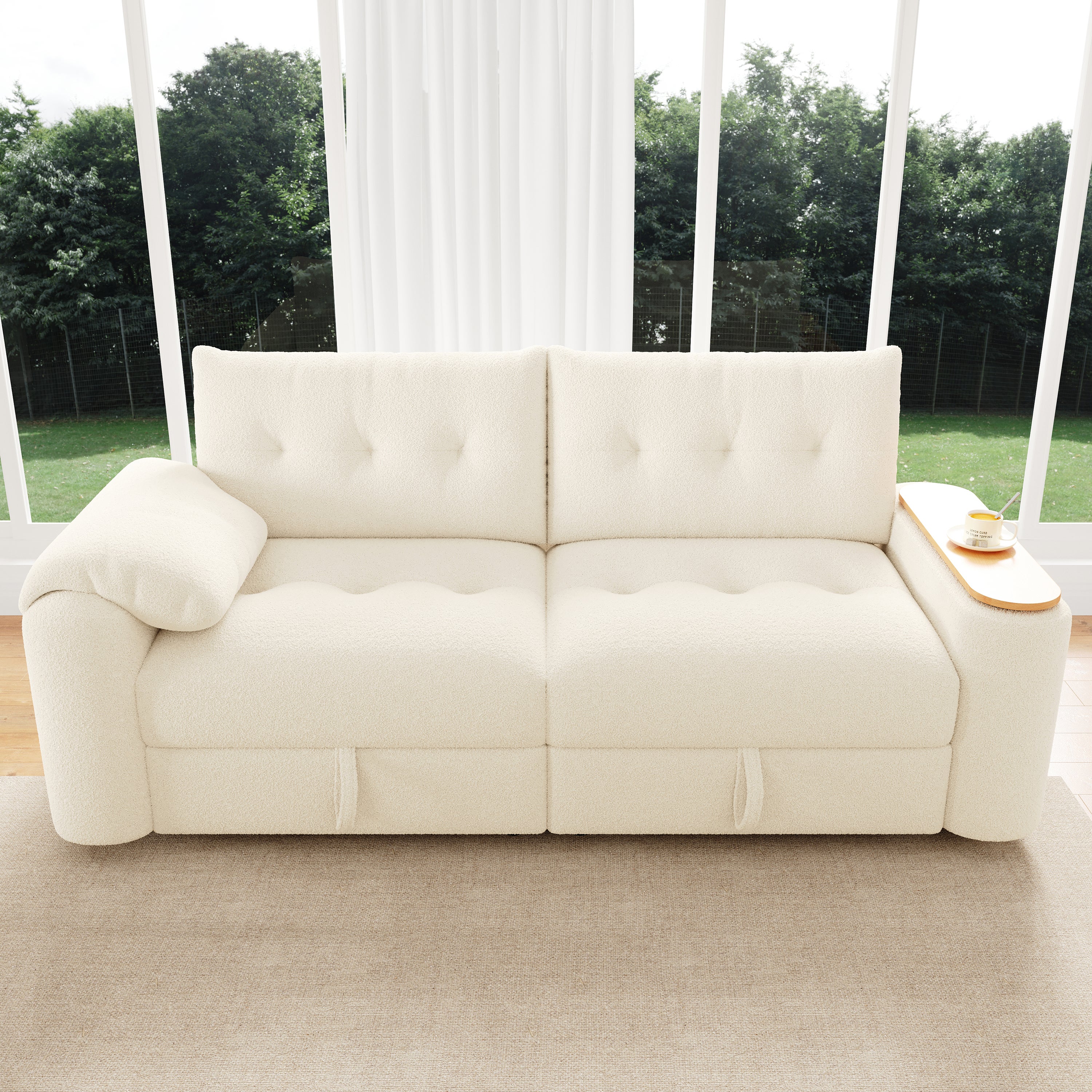 Canapé 3 places avec coffre de rangement et table d'appoint - 207.5 x 80 x 87 cm - Tissu en peluche - Beige - 3