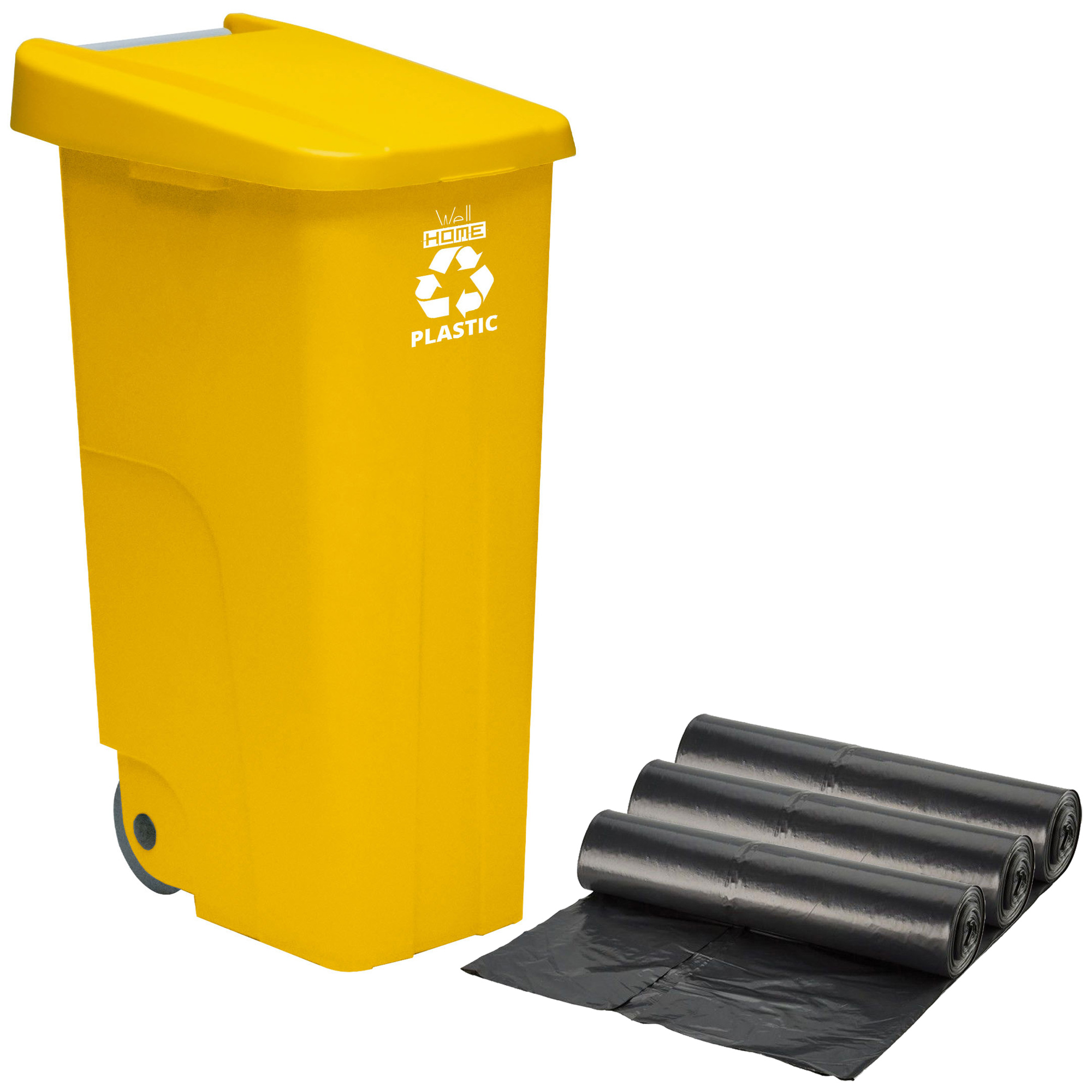 Contenedor de basura Wellhome RECICLO 110 litros con tapa ideal para reciclaje de plasticos con ruedas y 30 Bolsas de basura de 120L Leroy Merlin