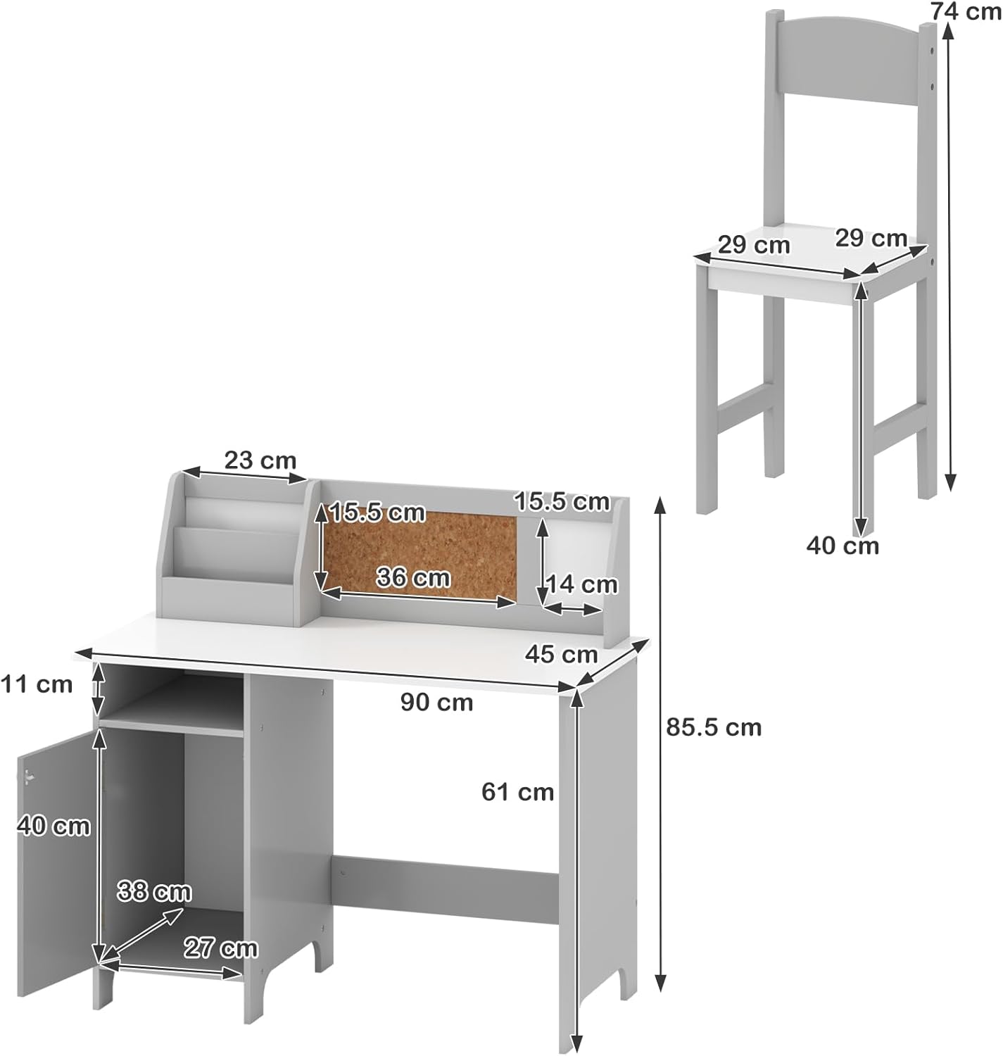 Bureau Enfant avec Chaise, Table d'Étude avec Tableau Blanc et Marqueur, Bureau Enfant 3+ Ans avec Rangement pour Maison, École, Charge 90 (Gris) - 3
