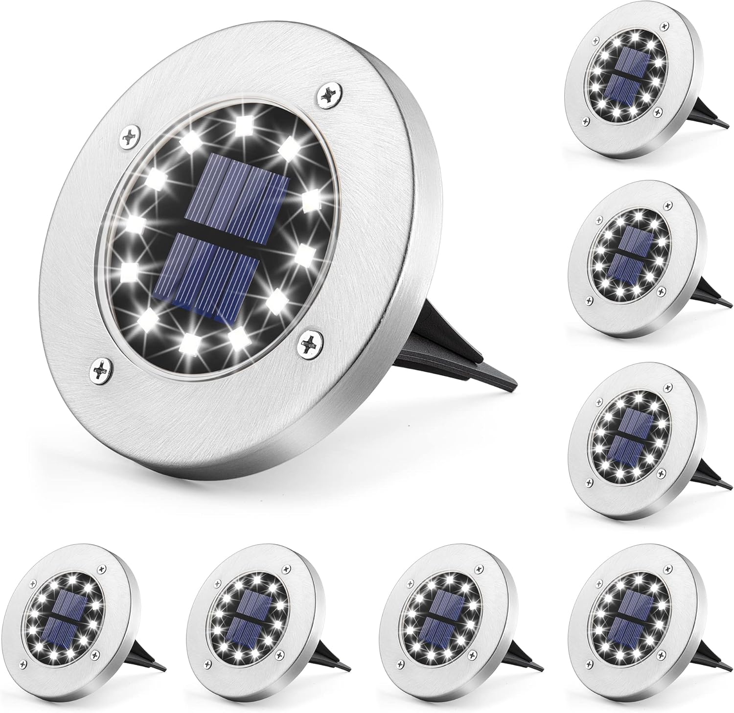 12 lamp solarnych LED, 8 sztuk, białe, wodoodporne, ze stali nierdzewnej, do ogrodu i na taras.