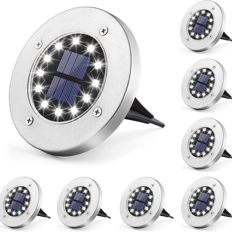 Zestaw 8 solarnych lamp ogrodowych, 12 LED, białe, stal nierdzewna, wodoodporne, do użytku na zewnątrz, ogród, taras, trawnik, podwórko, podjazd