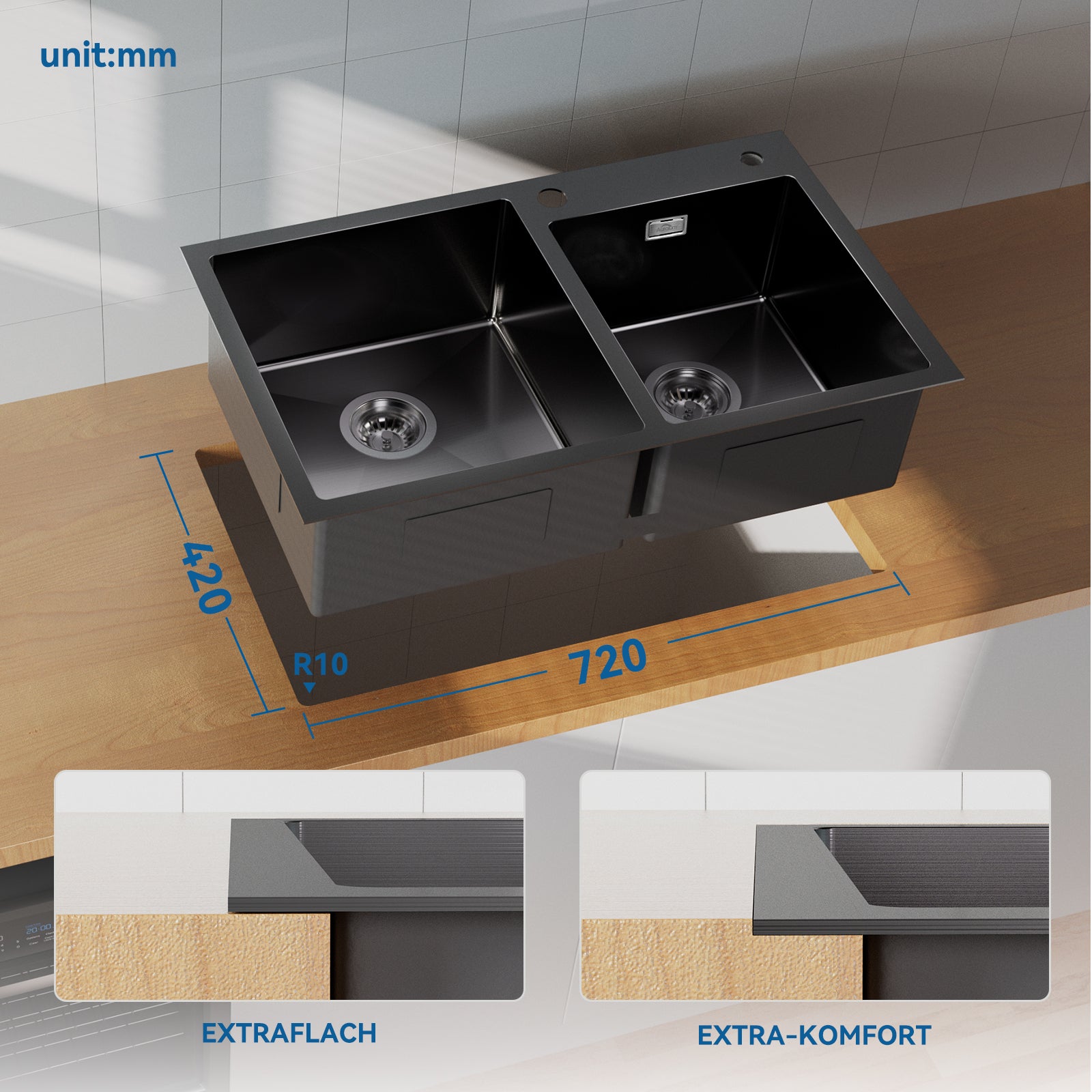 AuraLum Max Évier à Encastré/à Poser 2 Bacs avec Distrubuteur de savon/Ensemble de drainage,Évier 75x45x19cm Inoxydable pour Cuisine,Noir,EU Modèle - 2