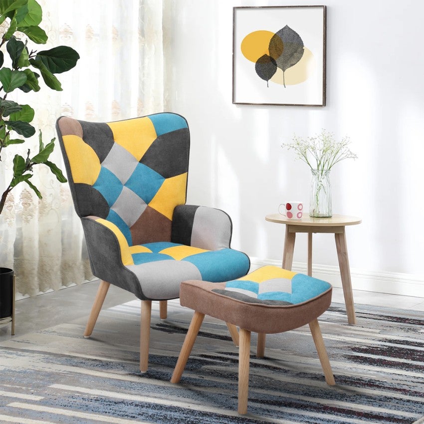 Set poltrona patchwork pouf poggiapiedi stile scandinavo Chapty