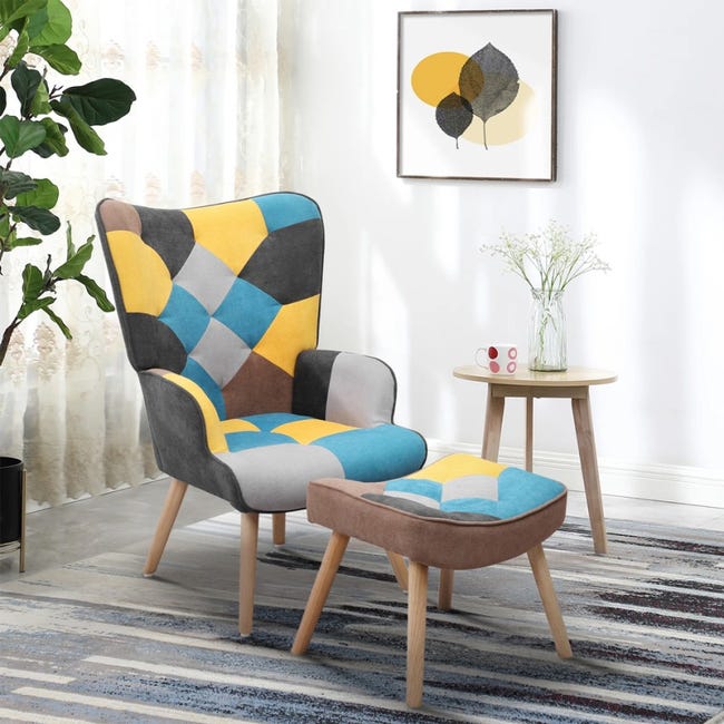 Set poltrona patchwork pouf poggiapiedi stile scandinavo Chapty