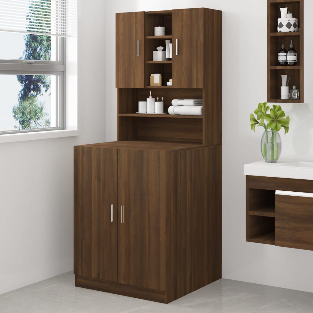 Scaffale Per Lavatrice VidaXL 67x25x163 Cm - Rovere Fumo - Legno Multistrato E Metallo - 3 Ripiani - 5