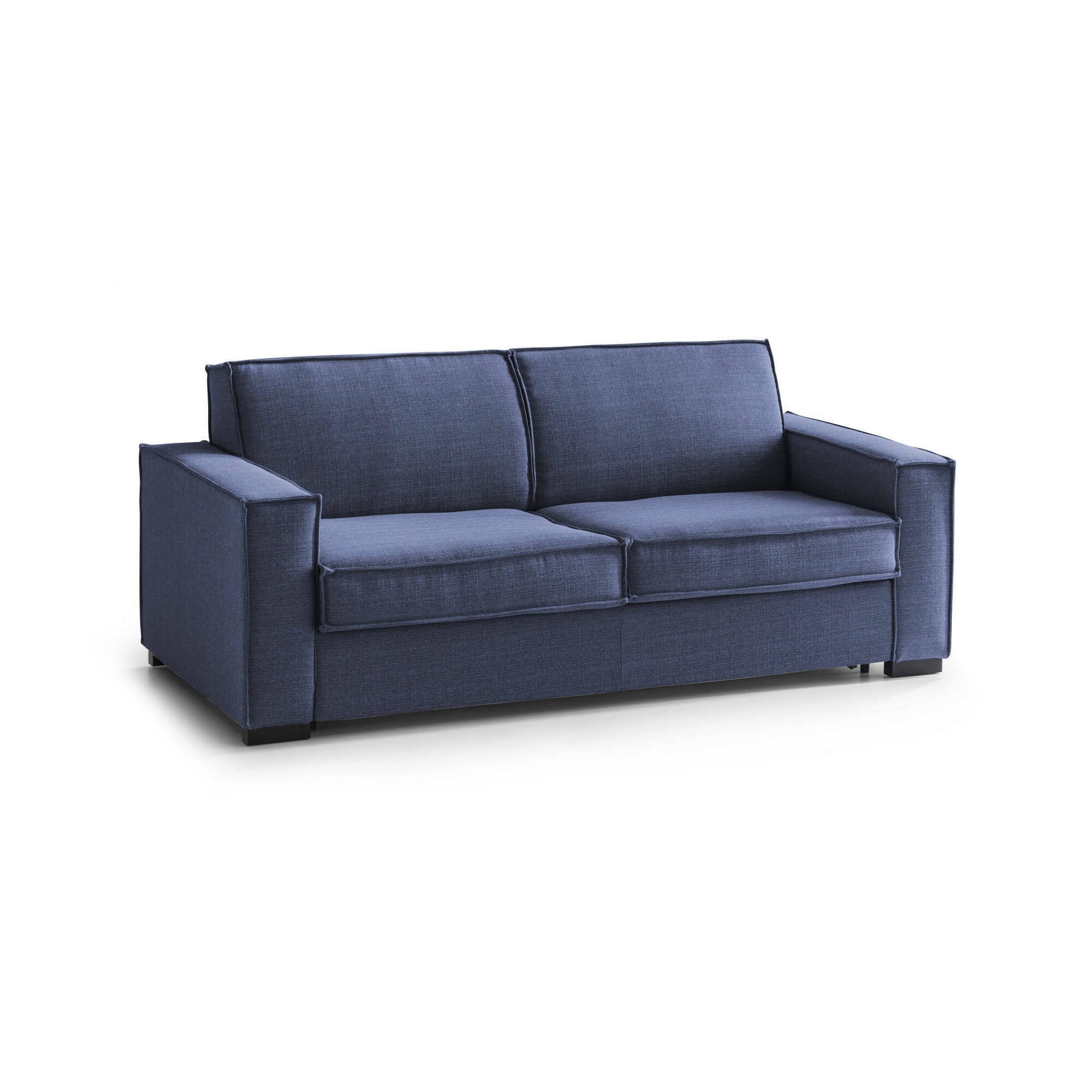 Sofá cama 2 plazas samantha, sofá de salón con apertura giratoria, tejido acolchado con apoyabrazos finos, 100% made in italy, 160x95h90 cm, azul