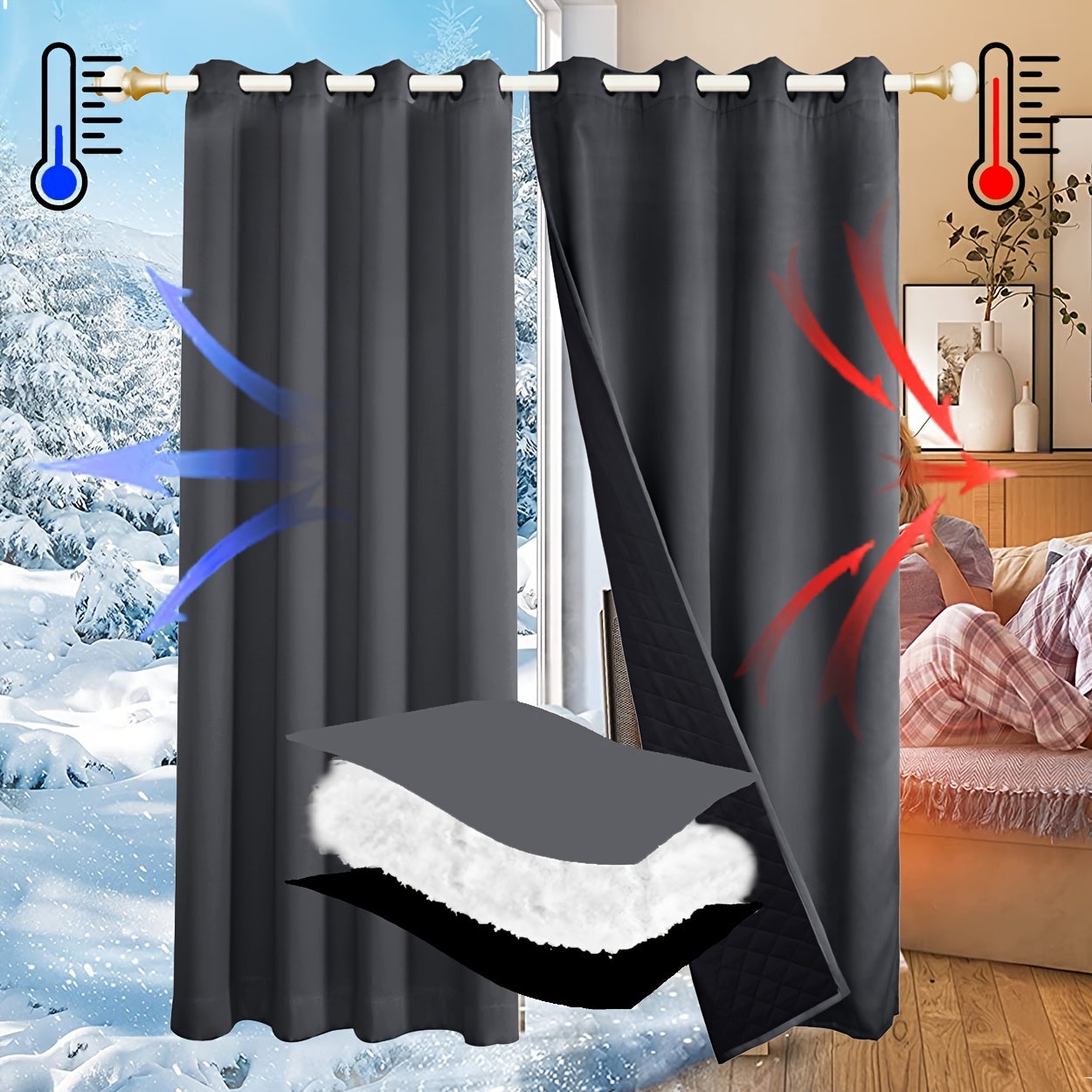 MINICLOSS Rideaux d'hiver épais coupe-vent, rideaux à trois couches isolants contre le froid, rideaux unis doublés de coton (gris, 132 x 160 cm) - 4