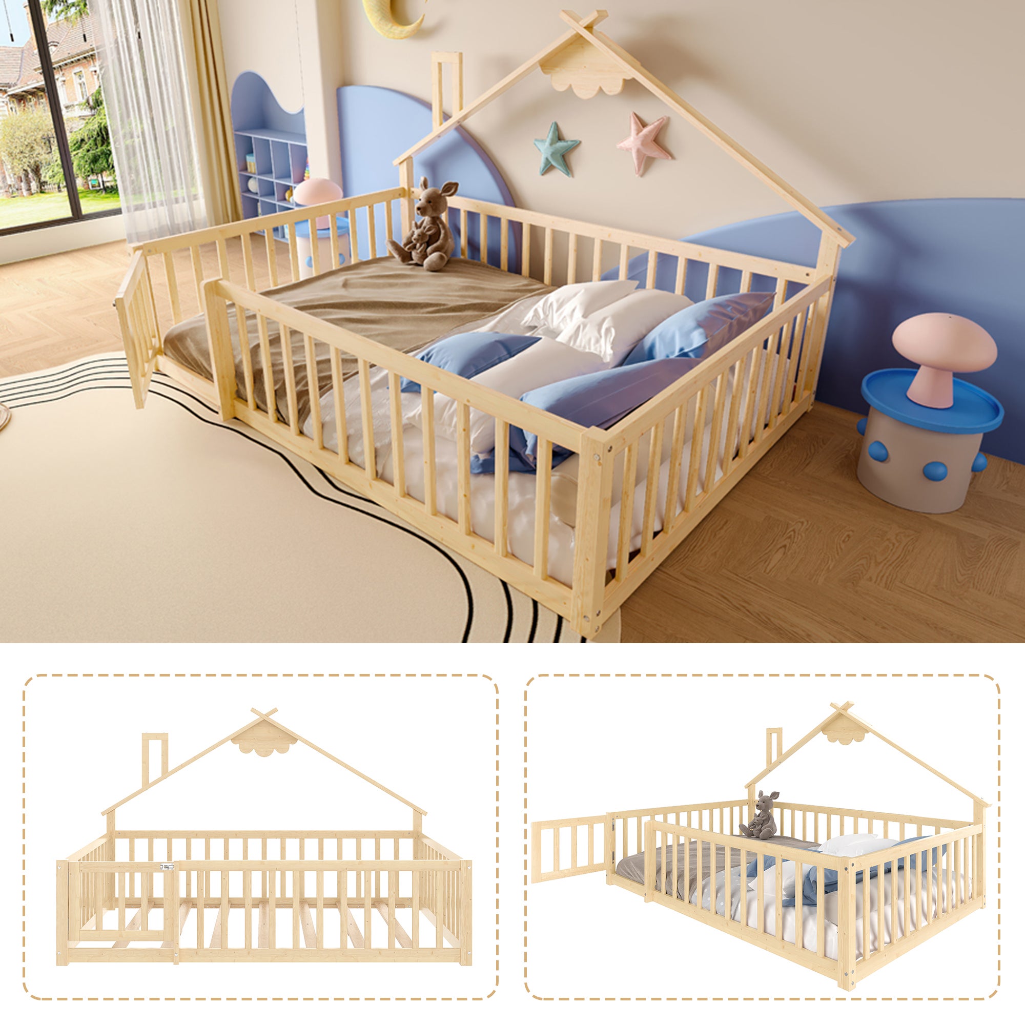 Lit plat enfant 140x190 cm - Pin naturel avec barrière verrouillable - 10