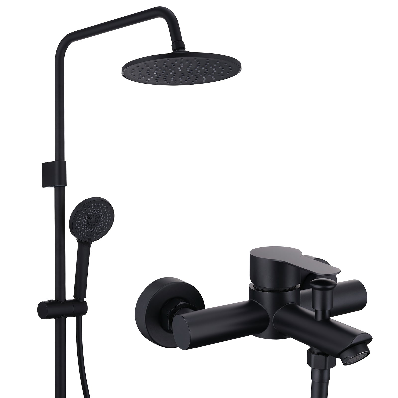 Columna de ducha negra con grifo de bañera, rociador superior y ducha de mano 4 funciones, altura regulable 839–1164 mm