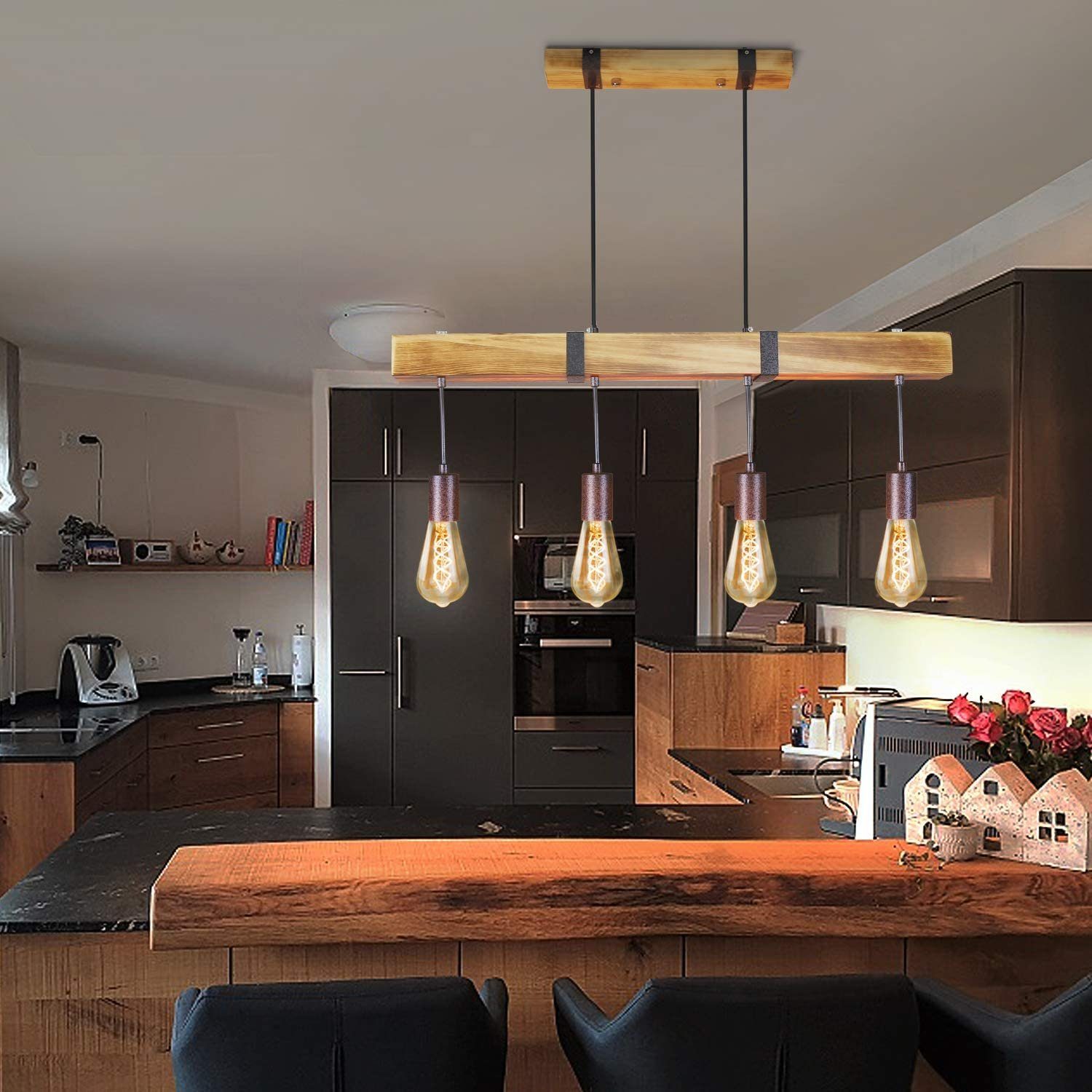 NETTLIFE Lampa wisząca 4 żarówki E27 średnica 80 cm Retro z drewnianą belką w stylu vintage do jadalni, kuchni, maks. 25 W - 7