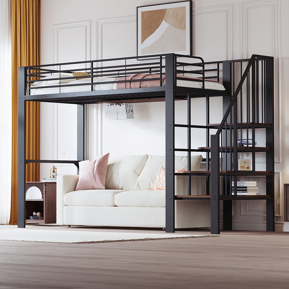 Lit mezzanine 90x200 avec structure métallique stable grand rangement sous lit et escalier pour enfants et adultes - 6