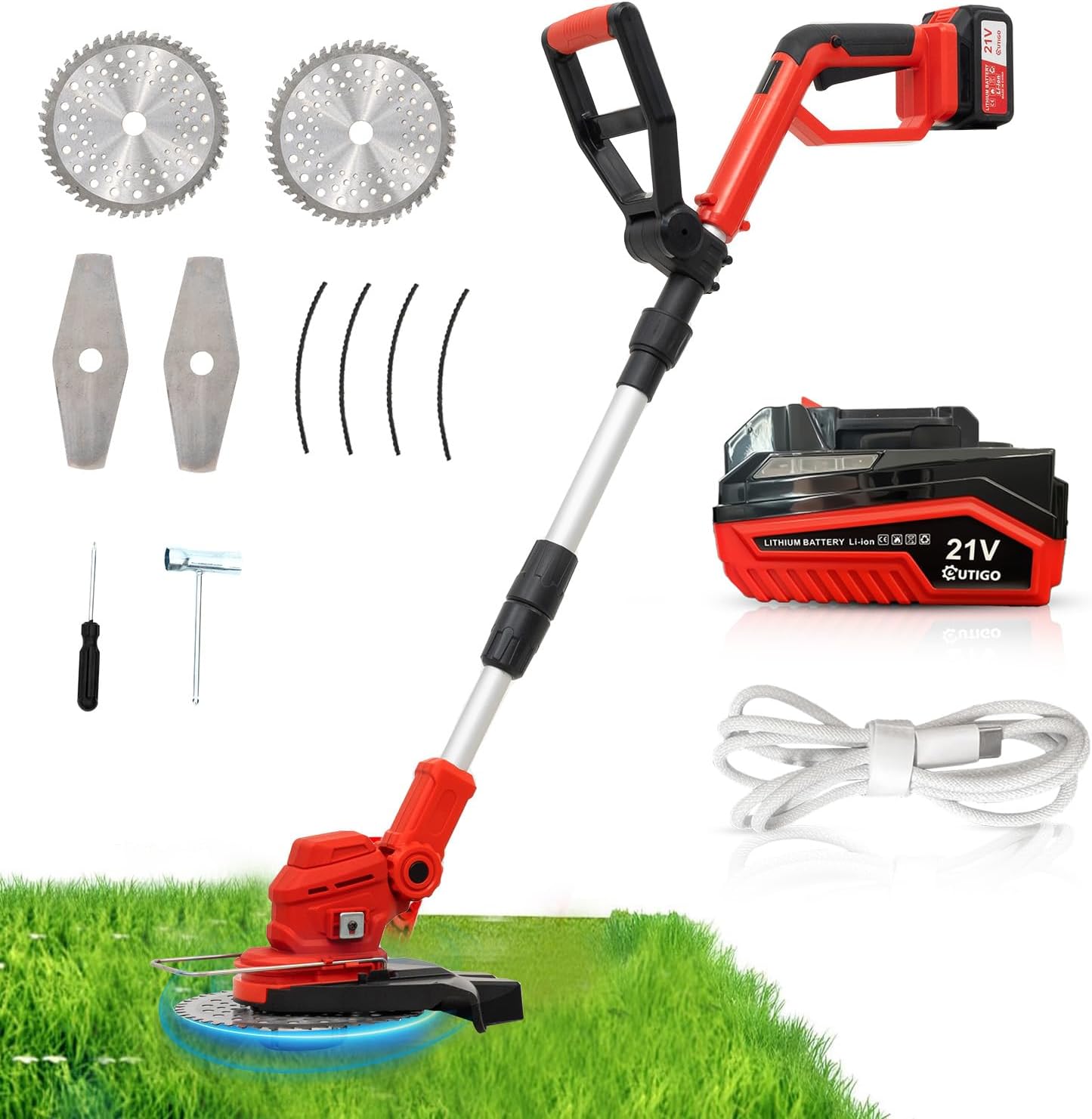 Cortadora De Césped Eléctrica Inalámbrica 21V - Con 2 Baterías, Mango Ajustable, Ideal Para Jardines Pequeños