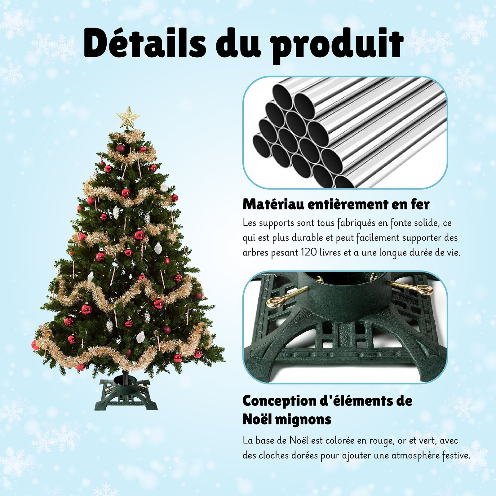 Support Sapin Noël KADAX Avec Réservoir D'Eau - Doré - Pour Arbre Jusqu'à 2m - Tronc Jusqu'à 10cm