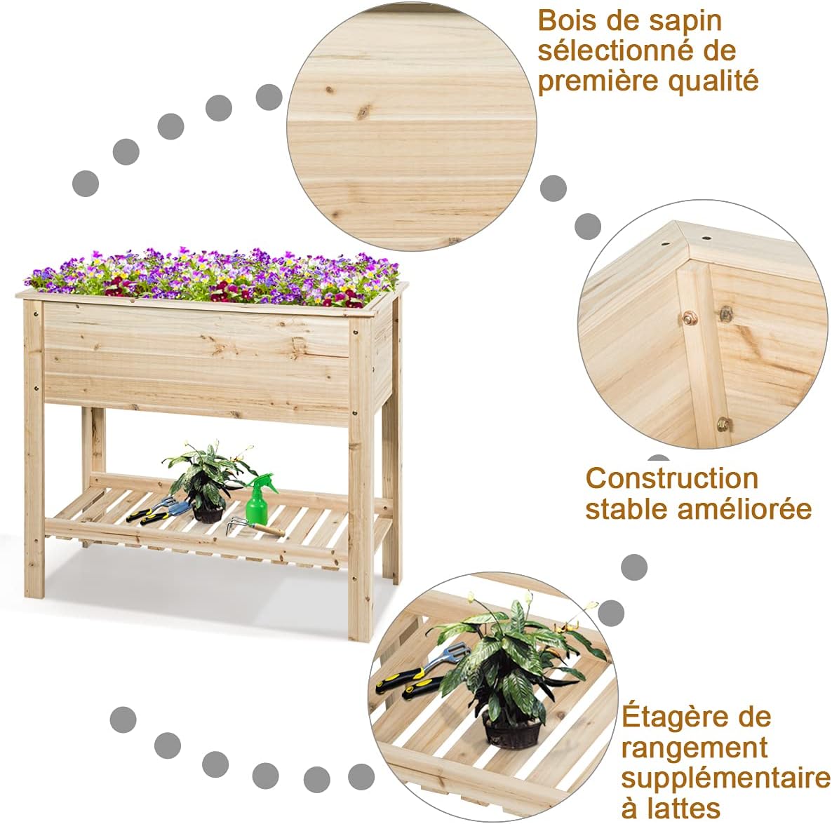 Carre Potager sur Pieds, Jardiniere Rectangulaire en Bois pour Legumes, Herbes, Fleurs, Lit Sureleve avec Etagere，Charge 80 KG(91,5 x 40,5 x 80,5 CM) - 6