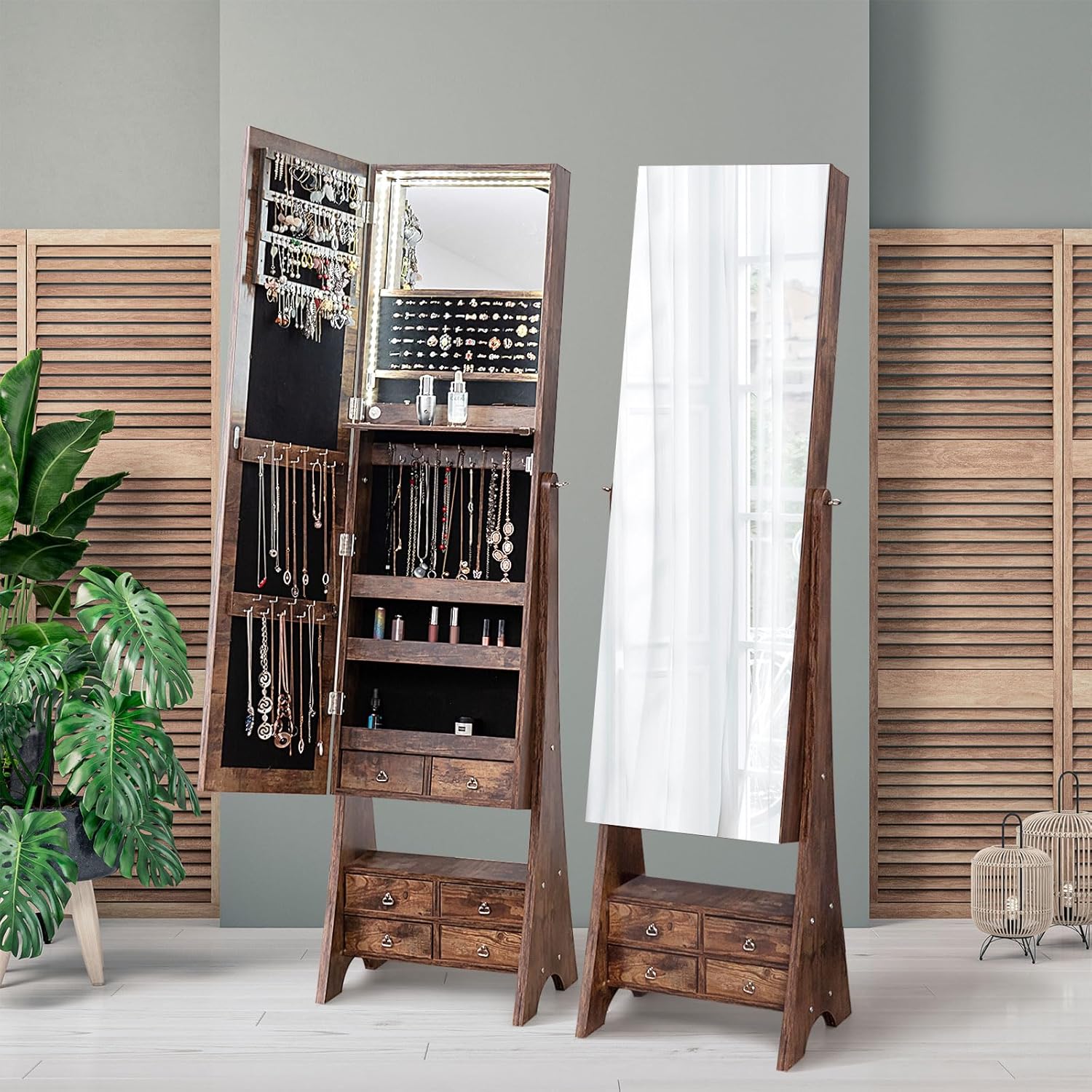 Armoire à Bijoux avec Miroir Pleine Longueur,Organisateur de Bijoux avec Miroir & Lumières LED Intégrées,Étagère de Maquillage Pliable(Marron) - 2