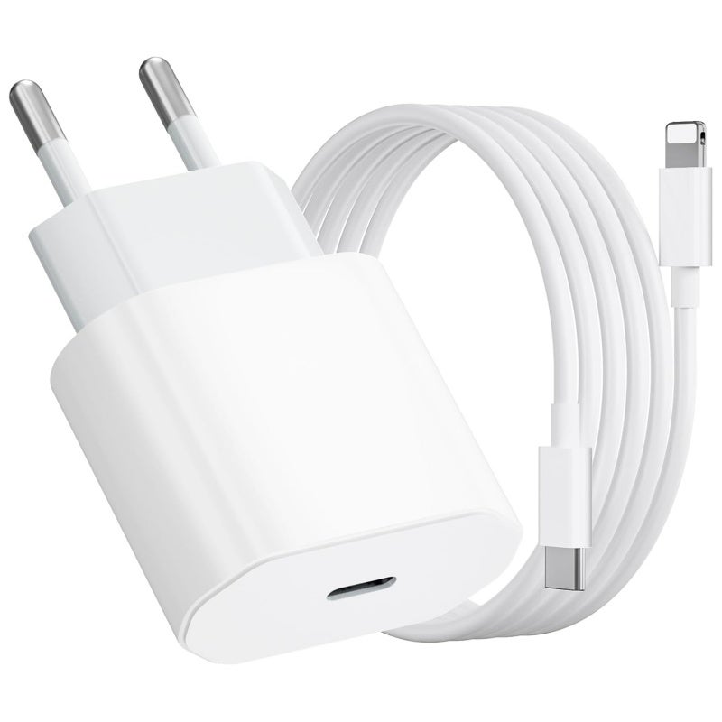 Încărcător rapid USB-C pentru iPhone de 20 W cu cablu de 1 m, mufă de perete PD3.0, compatibil cu iPhone 14, 13, 12, 11, X, 8, 7, iPad, AirPods