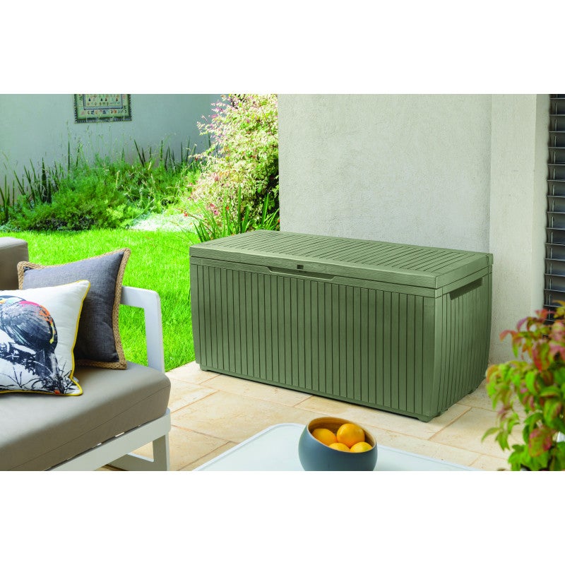 Coffre de rangement extérieur Keter Springwood 305L avec roulettes et siège - Effet bois vert - 4
