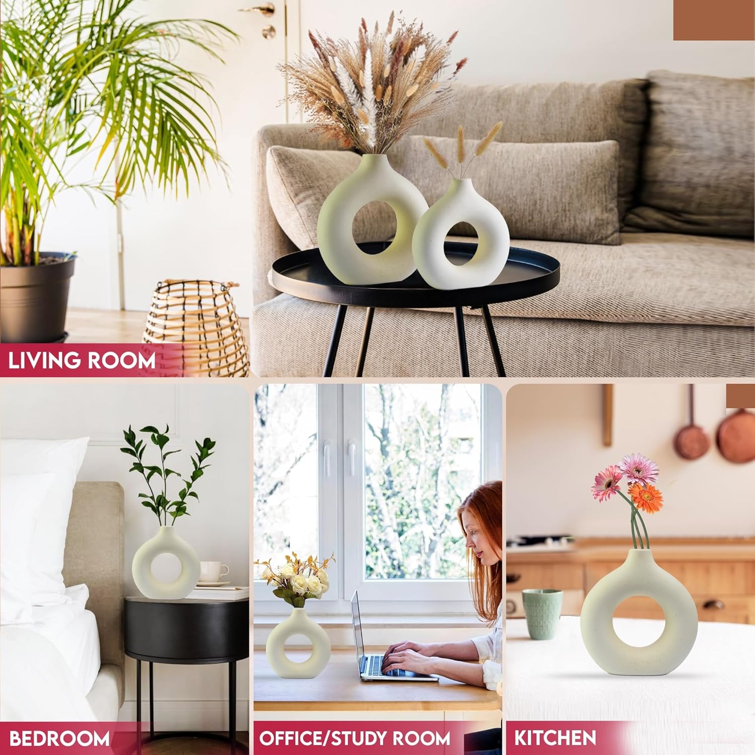 Lote de 2 jarrones redondos de cerámica color crema para hierba de la pampa, minimalistas, decoración de interiores - 7