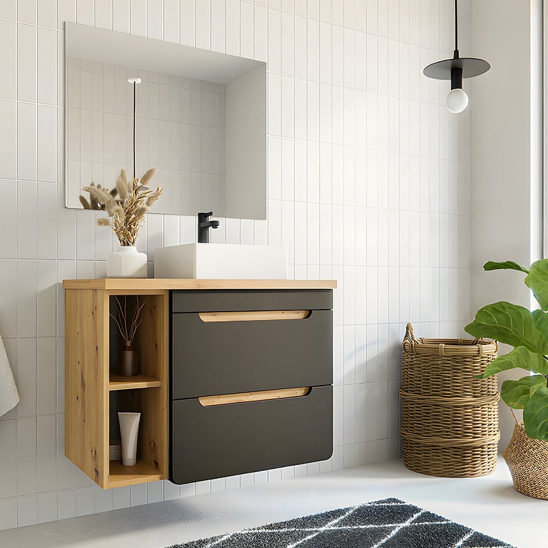 Wisząca szafka łazienkowa z pojedynczą umywalką i wnękami – kolor naturalny i antracytowy – 80 cm - ARUBA