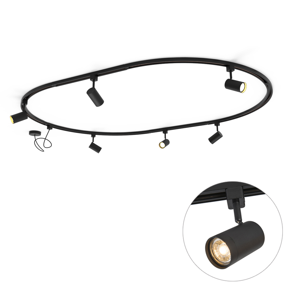 Nowoczesny system oświetlenia szynowego z 6 czarnymi reflektorami, 1-fazowy, owalny 100 cm - Iconic Jeana