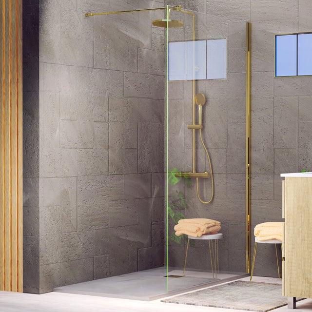 PAROI DE DOUCHE | PANNEAU FIXE | 110 x 195 CM | PROFIL DORÉ | VERRE TEMPÉRÉ DE 8 MM D'ÉPAISSEUR | TRAITEMENT ANTI-CALCAIRE | ALDAY