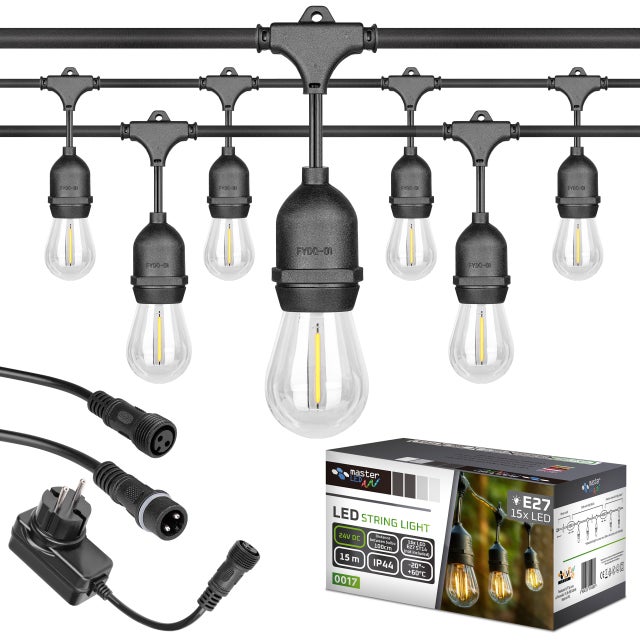 Girlanda świetlna 15x E27 LED 15m 24V IP44 ogrodowa balkonowa czarna MasterLED