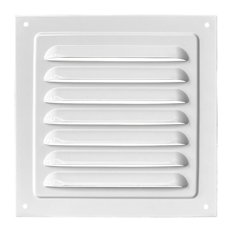 Kratka wentylacyjna kwadratowa z białego stopu aluminium, 108 mm (średnica wewnętrzna) z siatką z włókien, 150 mm (średnica zewnętrzna)