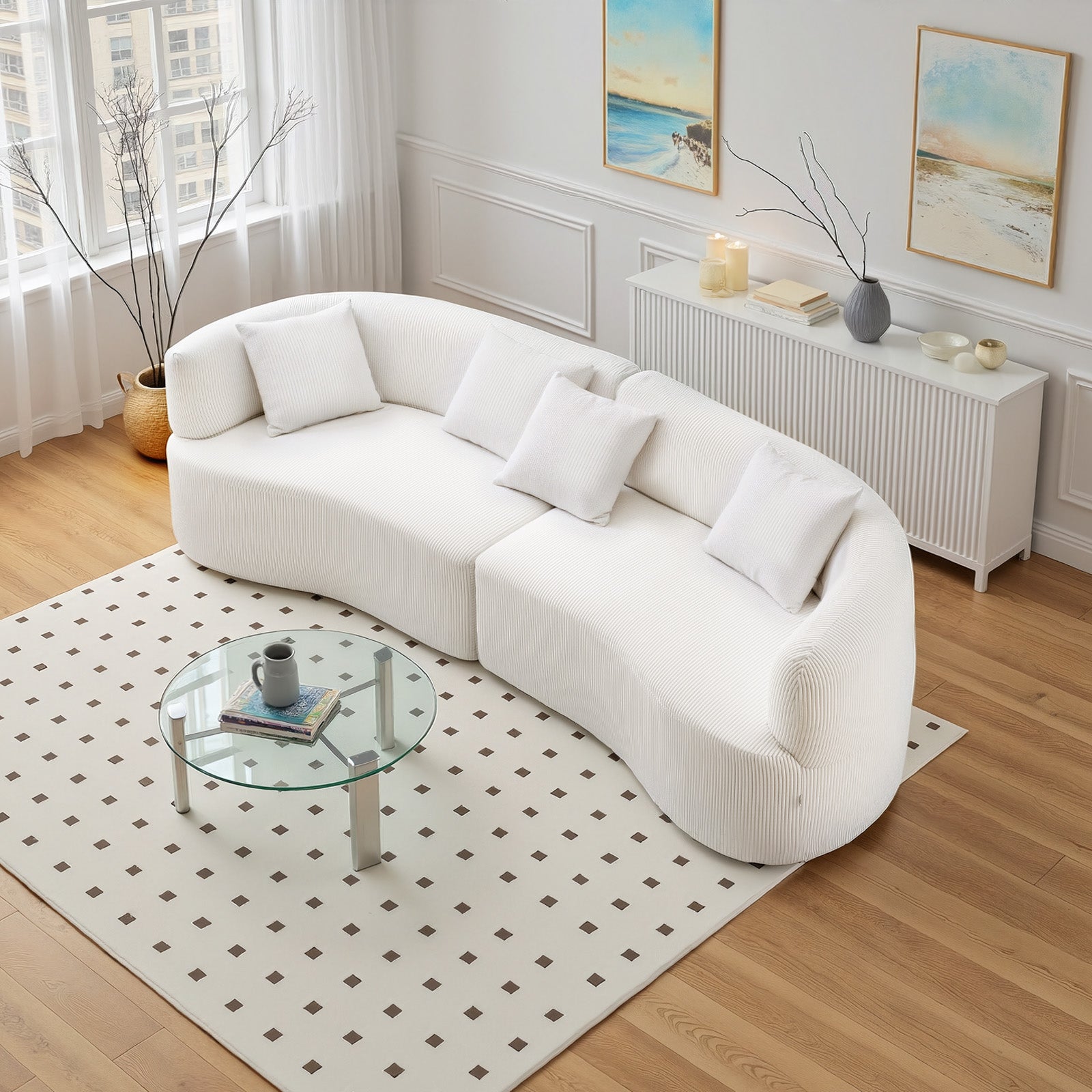 Canapé modulaire incurvé 2840 mm VEVOR, avec 4 coussins, sofa de salon surdimensionné en velours côtelé pour chambre, appartement, bureau, blanc - 8