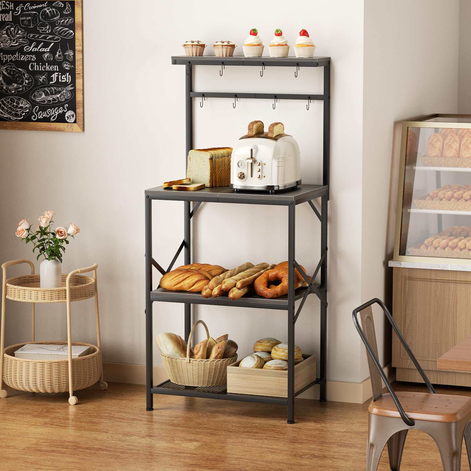Estantería metálica de cocina de 4 niveles, en color gris, con 8 ganchos, soporte ajustable para microondas y zona multifuncional para guardar el café - 8